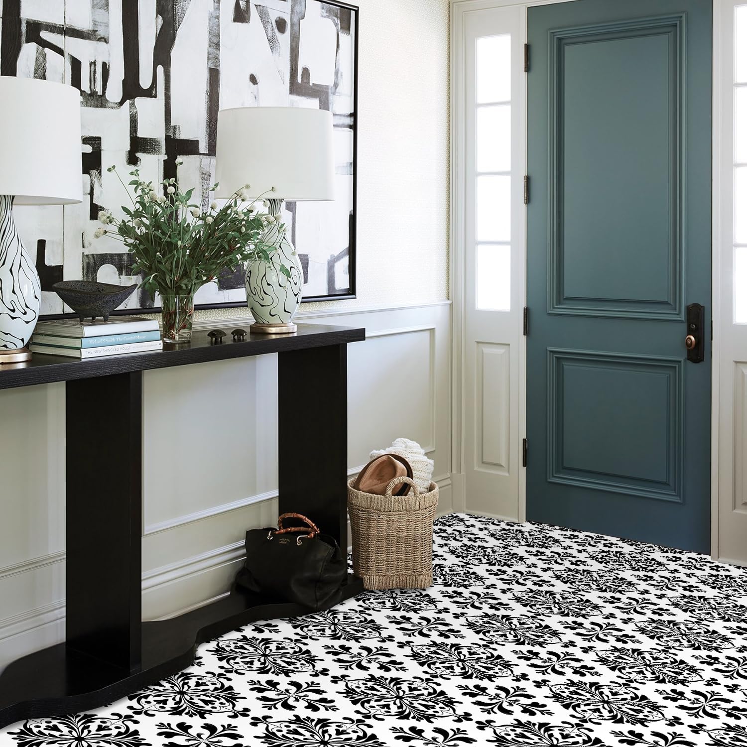10 azulejos de vinilo retro de 12 x 12 pulgadas, diseño retro de damasco blanco y negro para despegar y pegar, calcomanías de suelo extraíbles e impermeables para baño, entrada, cocina, bar