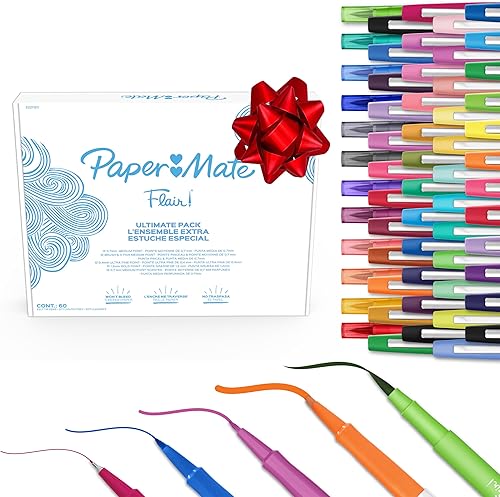 Paper Mate Flair - Bolígrafos de punta de fieltro, cuenta con 5 tipos diferentes de bolígrafos, colores surtidos, 60 unidades, diversión creativa,
