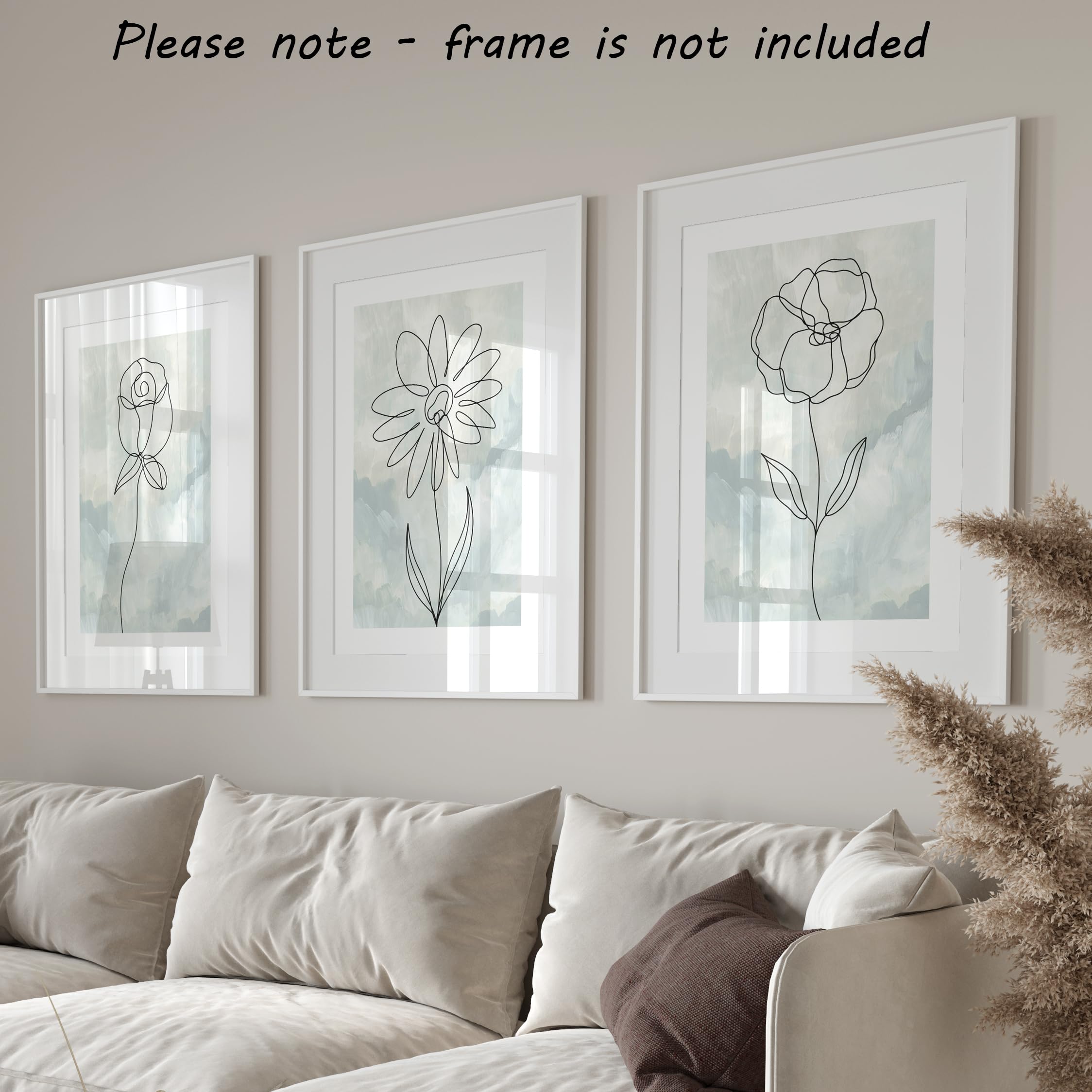 Green Flower Botanical Line Art Set of 3 Unframed Prints, Minimalist Abstract Wall Art Decor, Rose Sunflower Poppy Flowers - Image 3