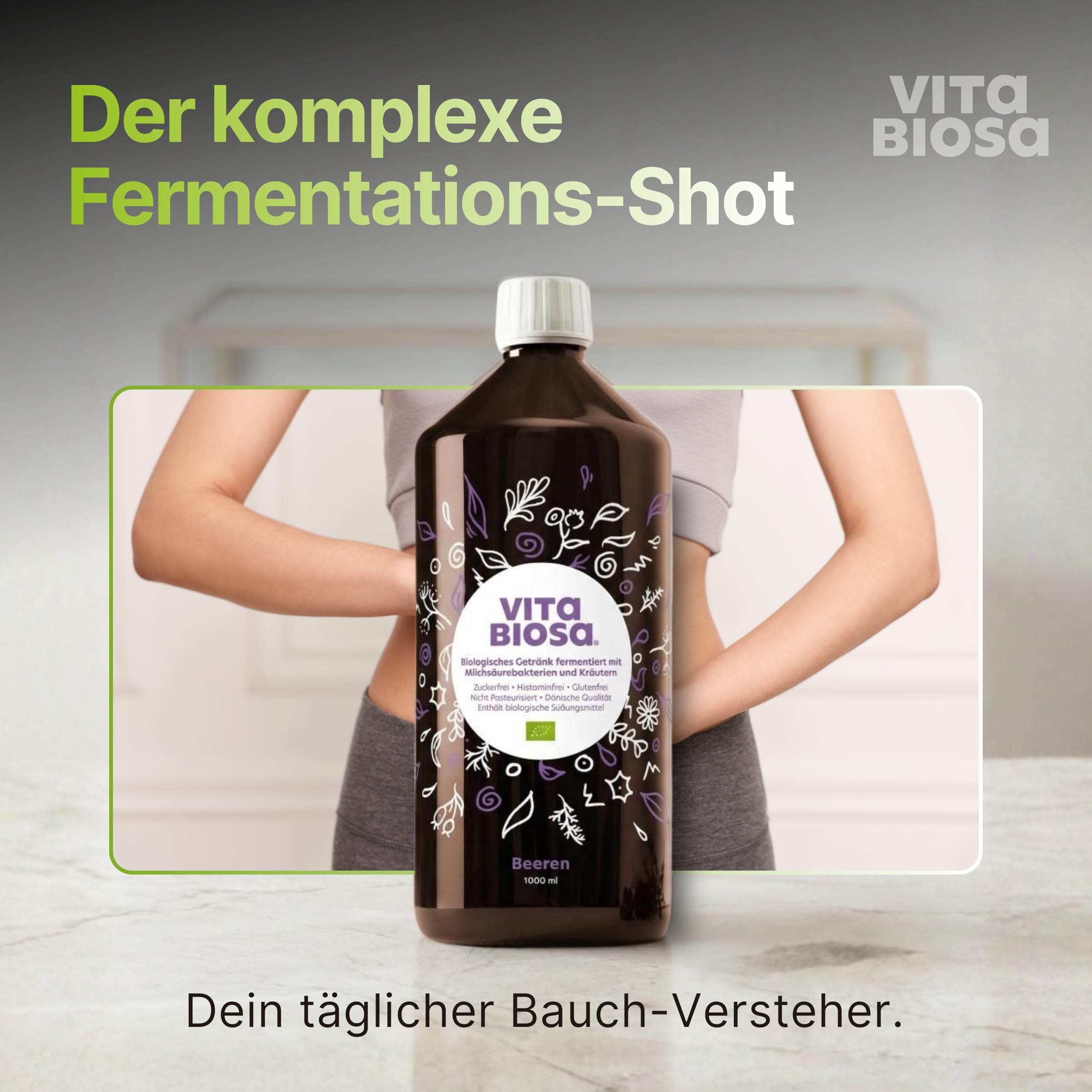 Vita Biosa Beeren Bio Fermentgetränk 1 L – süß-saure Variante mit Aronia, Johannisbeere und Heidelbeere – Milchsäurekulturen - 19 Kräutern – vegan, zuckerfrei, laktosefrei, Bio-Qualität
