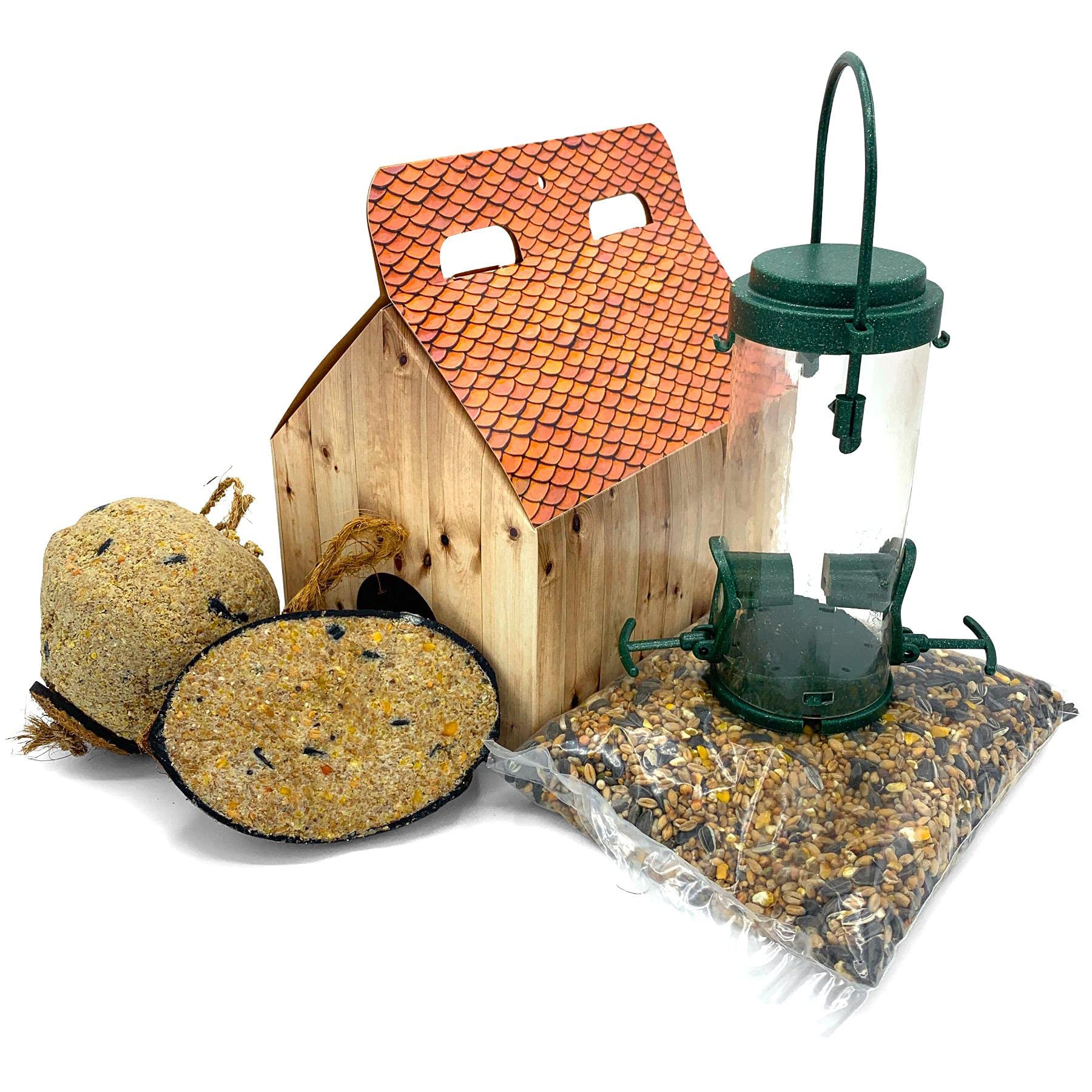 Bird Feeder Gift Box “Enjoy” Set - Includes 1 x Recycled Seed Feeder, 1 x Giant Suet Ball, 1 x Half Suet Filled Coconut & a Large Wild Seed Mix Refill Bag - Attracts a Variety of Birds to your Garden