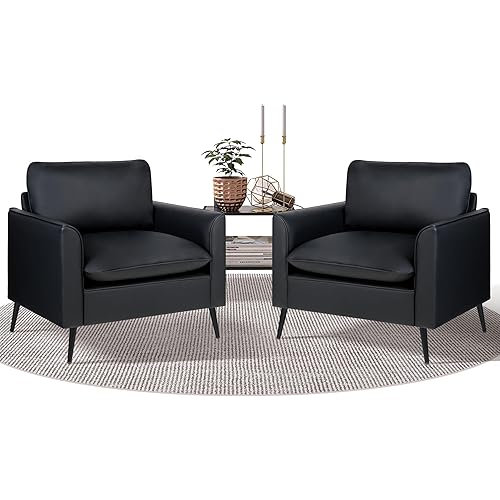 Accent Chairs Set of 2, Black Leather Accent Chair for Bedroom, Living Room Chair, Comfy Reading Sitting Chair, Mid Century Modern Lobby Chairs, Arm Reception Chairs, Office Furniture