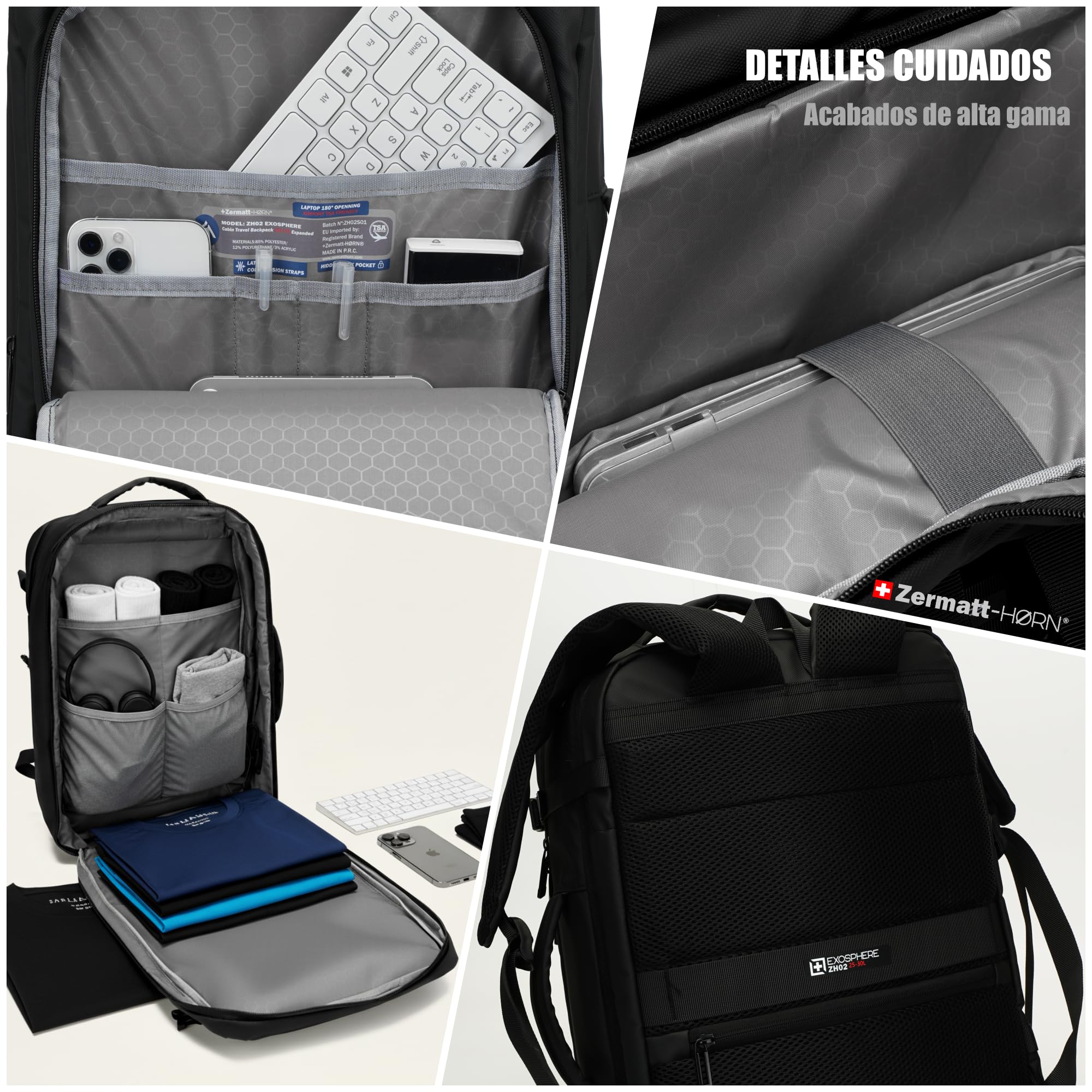 +ZERMATT-HORN Zaino da viaggio sottovuoto. Estensibile 25L a 30L, laptop da 15" a 17". Zaino da bagaglio a mano 40 x 30 x 20 cabina per volo con Ryanair, Vueling, Easyjet, Travel Backpack cabin.
