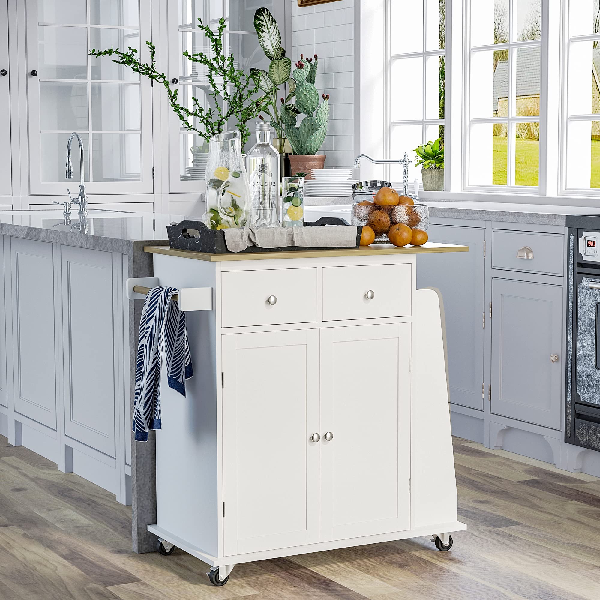HOMCOM Carro de Cocina Auxiliar con Ruedas, 2 Cajones y Barra para Colgar | Carrito de Servicio, 89x45x89,5 cm, Blanco