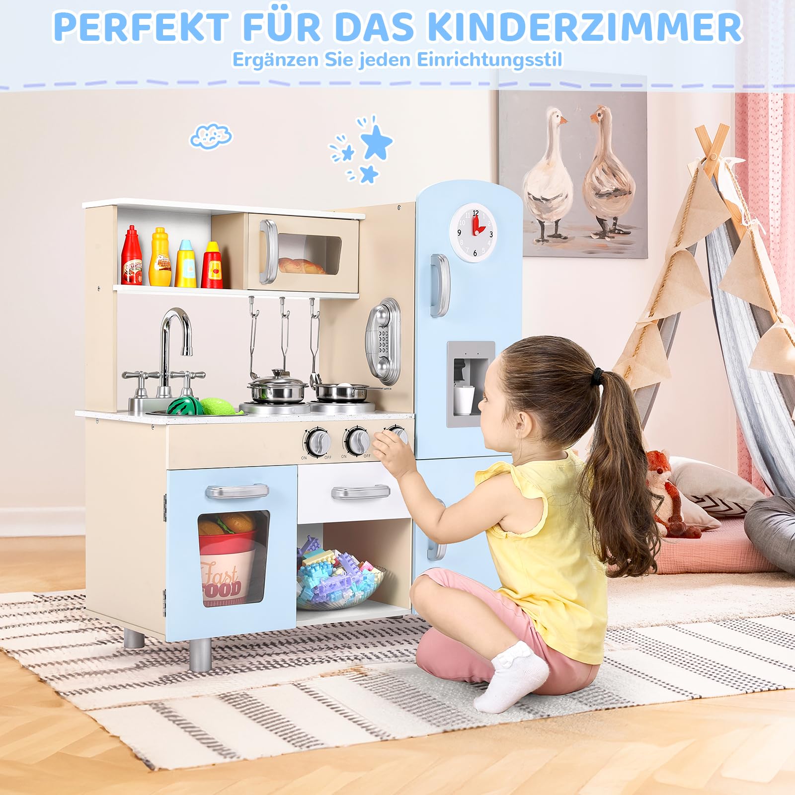 Cucina Legno per Bambini, Cucina Giocattolo per Bambini, Cucina per Bambini in Legno 81x74x30 cm, con Effetti Simulati di Luce e Suono, Dotata di Accessori da Cucina, Blu