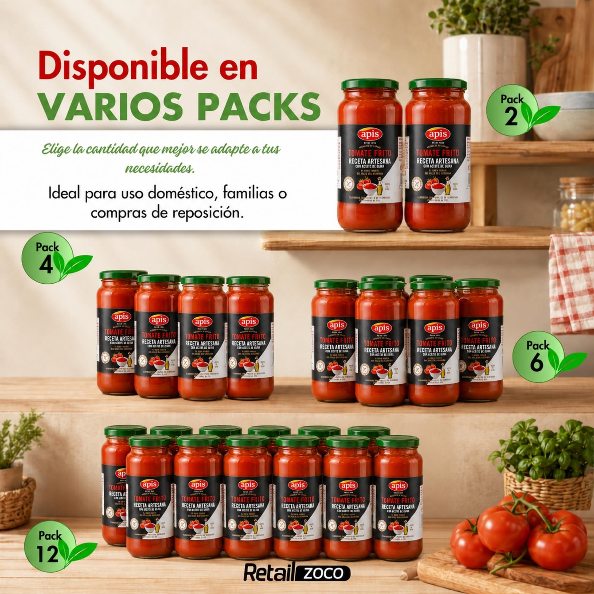 Tomate Frito Apis, Tomate frito Receta artesana con aceite de oliva, Elaborado con tomates de temporada cultivados al sol, Sin Gluten, Producto Español, Contiene 2 Tarros de cristal de 550 gr