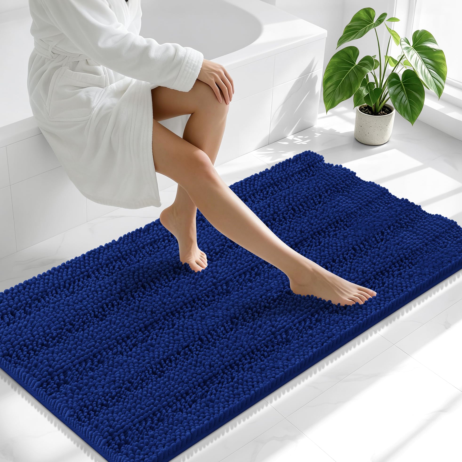 Smiry Thick Chenille Bathroom Runner Rugs 47x24, Absorbent Bath Mat, Navy
