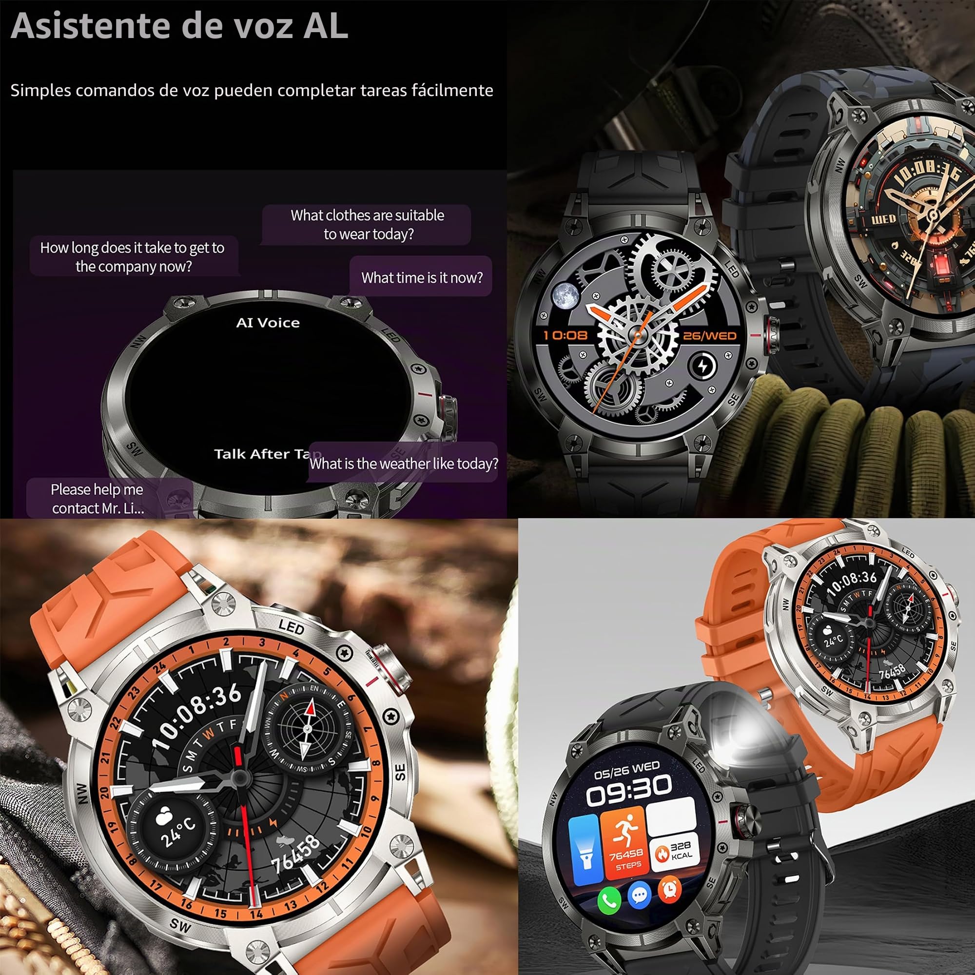 Reloj inteligente AMOLED 1,85 pulgadas para hombre con teléfono, linterna, 5 ATM, rastreador de actividad 123 modos deportivos, presión arterial, monitor de sueño, podómetro