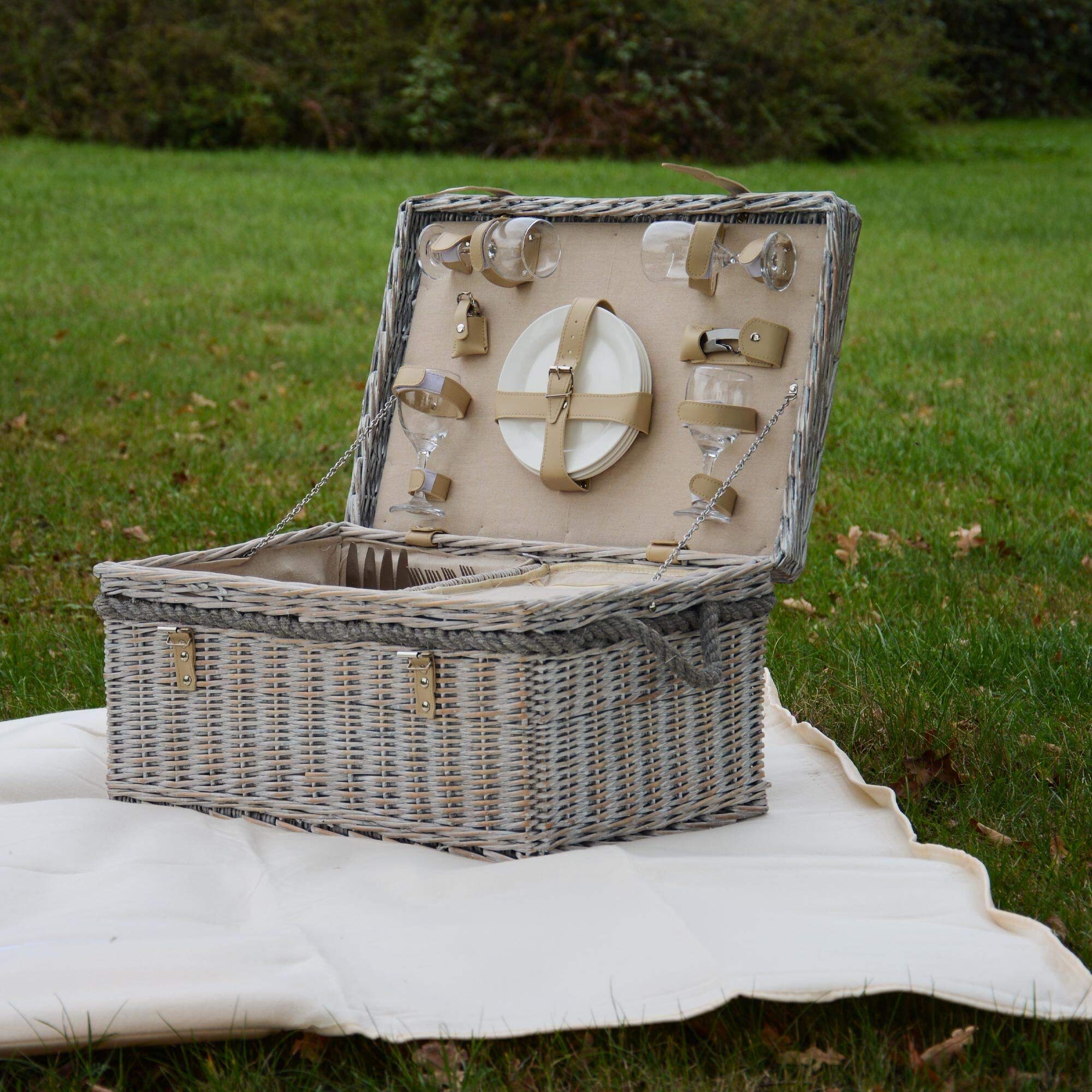 UNUS Ensemble de pique-nique pour 4 personnes avec panier de pique-nique, couverture de pique-nique, couverts et vaisselle