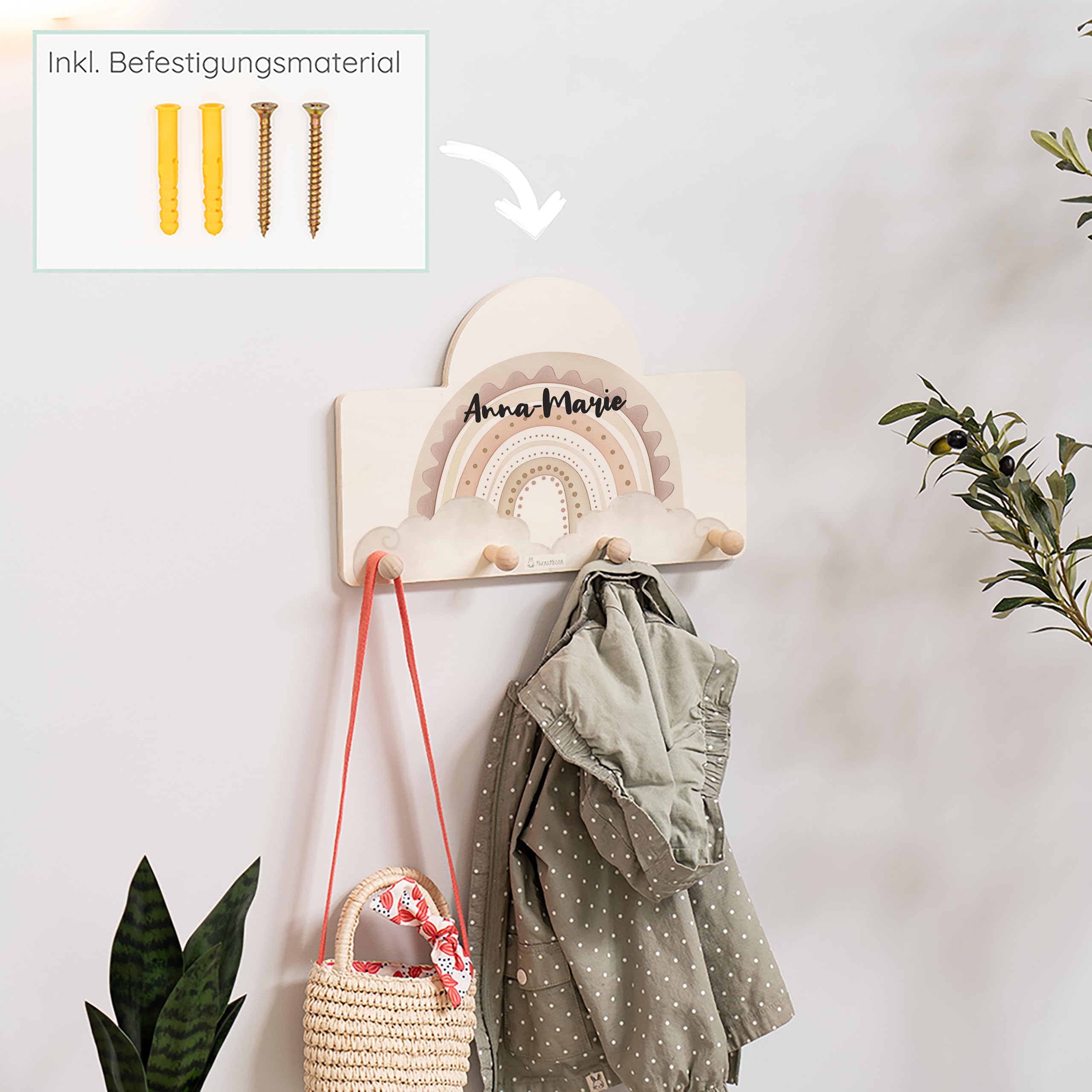 Geschenkfreude Personalsierte Kindergarderobe mit Namen aus Holz - Kinder Garderoben Regenbogen rosa - einzigartige Kinderzimmer Deko - Wandgarderobe - Baby Garderobe - Kleiderhaken für Kinder