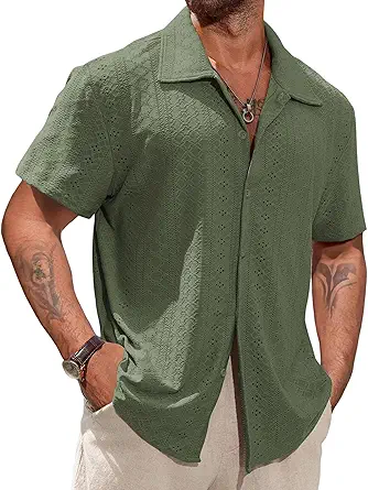 Vssjavun Mens Short Sleeve Button Down Shirts Casual Hollow Out Summer Beach Shirt