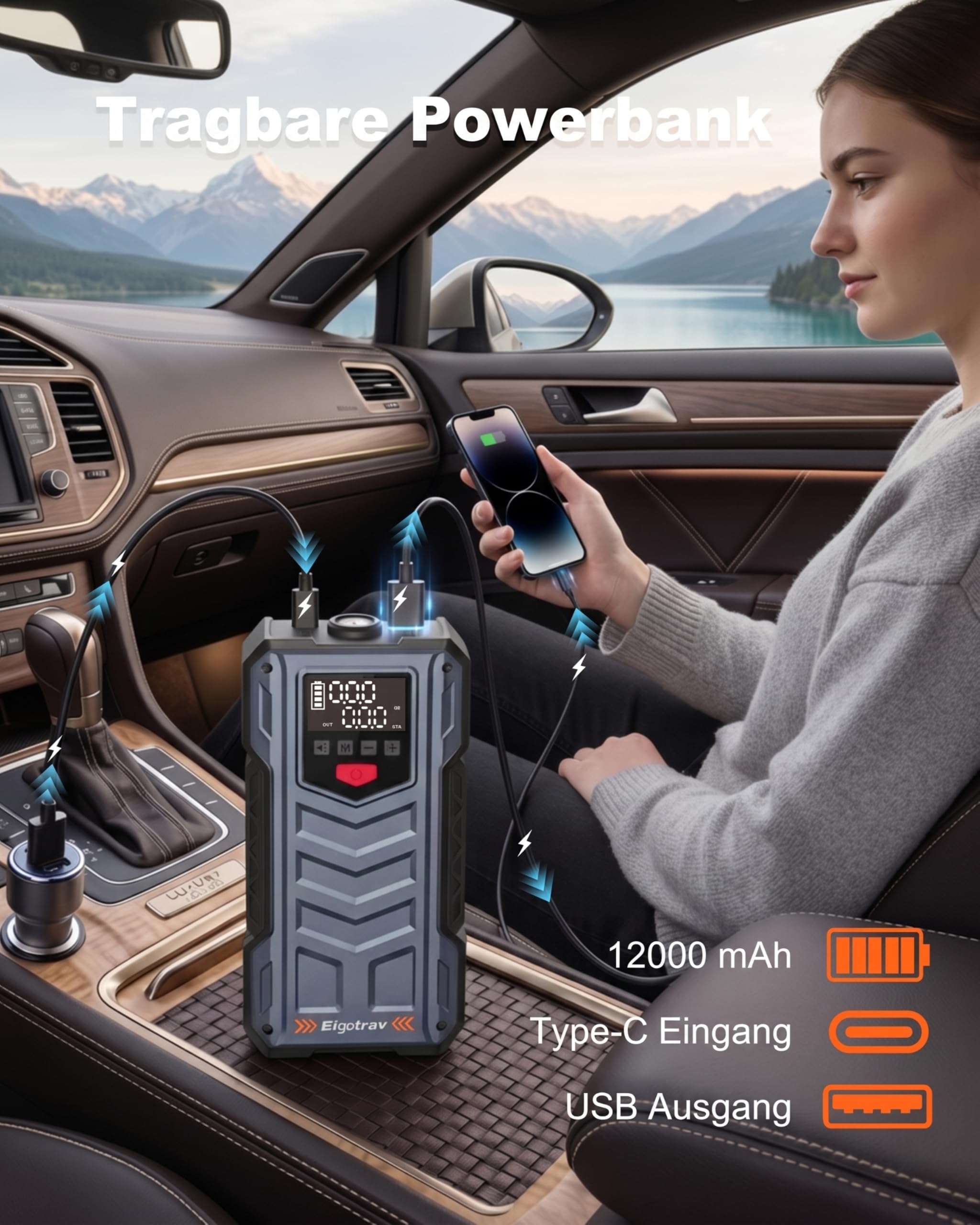 8000A Starthilfe Powerbank für Pkw mit Kompressor 150 PSI, 12V Auto Starthilfe (10L Benzin/8.5L Diesel), Jump Starter mit 600 Lumen LED Licht, LCD Display