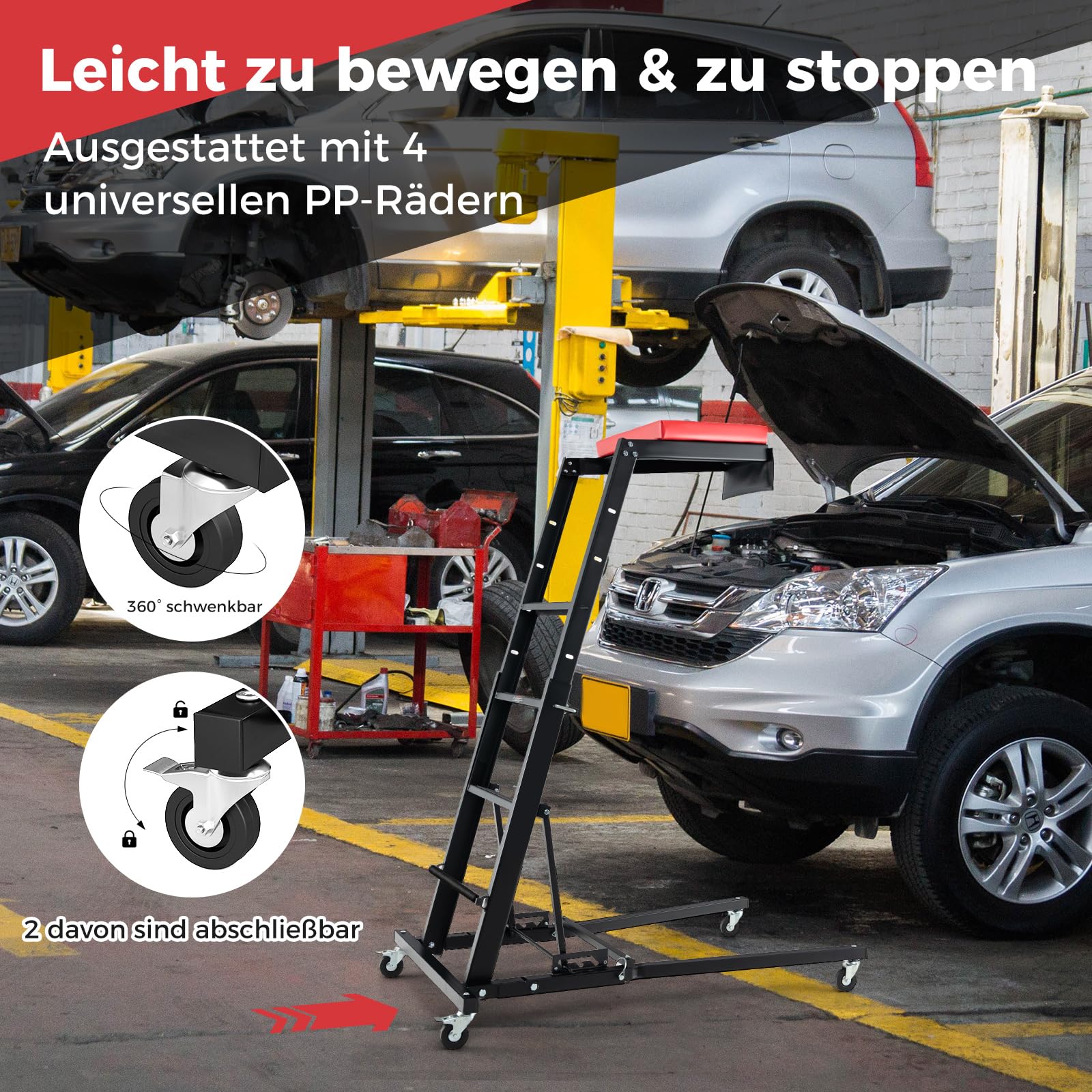 COSTWAY Werkstatthocker mit Leiter 114,5-168 cm Höhenverstellbar, 4 Stufenleiter mit Werkzeugplattform & Rollen, Werkstatt Montagerollbrett Montagerollleiter, Topside Creepers für LKW & SUV