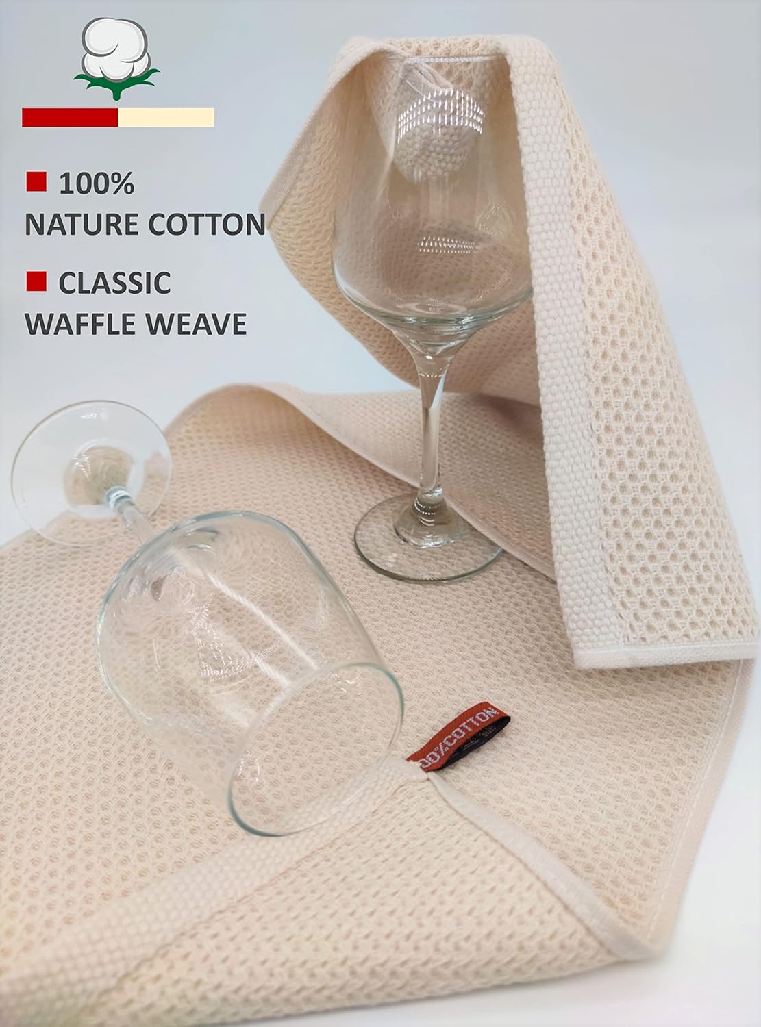 Kitchen Hand Towels 100% Cotton Waffle Weave Dish Towel for Cleaning Drying - Extra Absorbent and Soft - 13 x 28 inch (Beige-6 Pack)