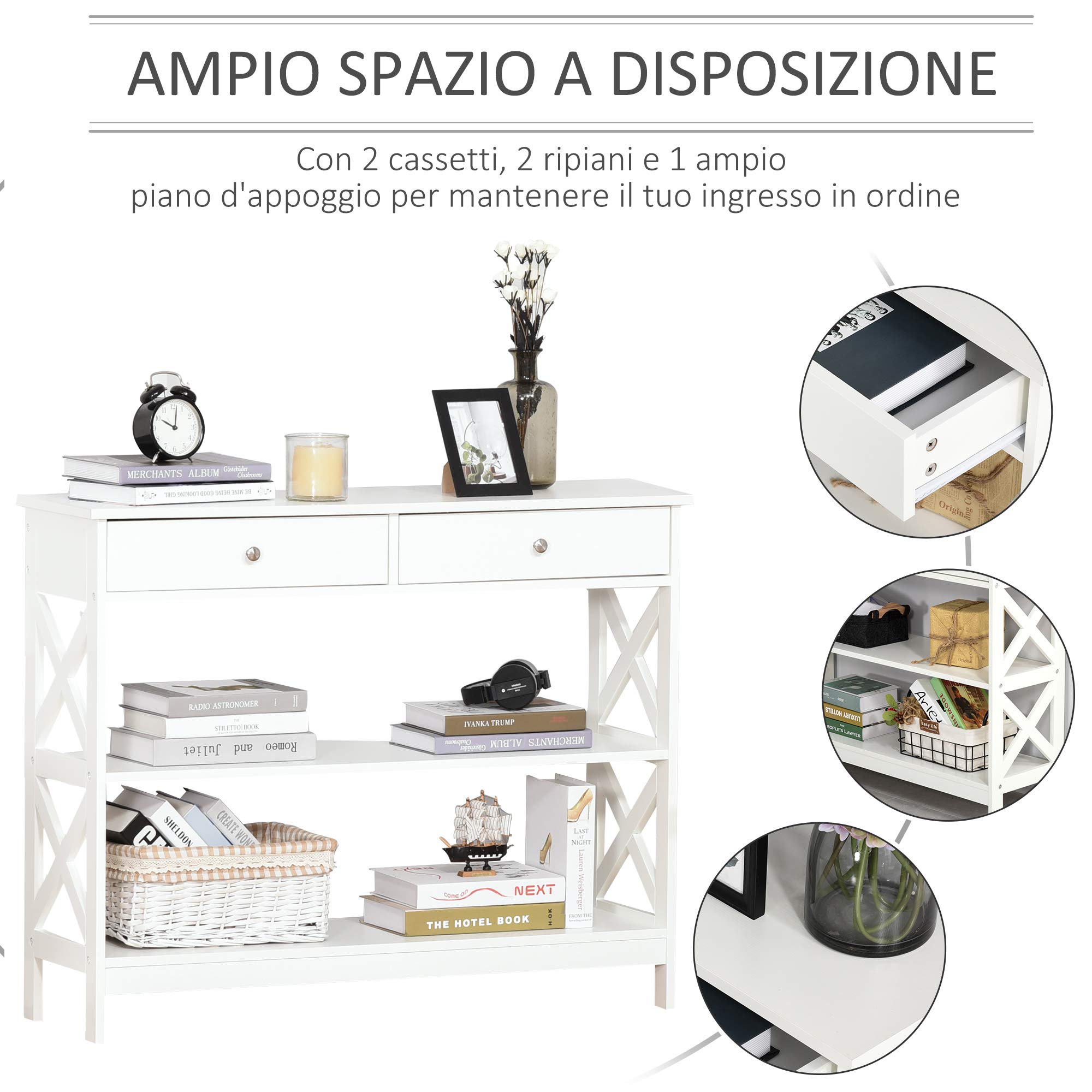 homcom Tavolo Consolle con 2 Cassetti e 2 Mensole, Mobile da Ingresso e Soggiorno in MDF, 100x30.5x80cm, Bianco