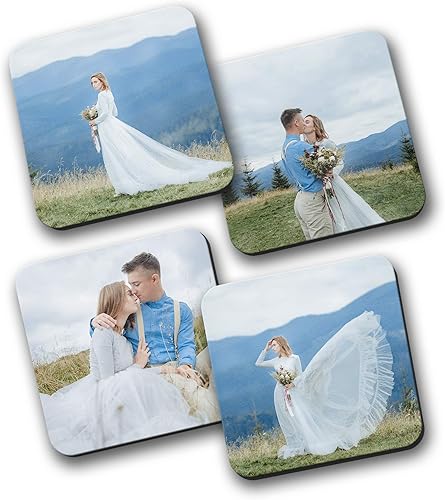HB Art Design Sube 4 diferentes fotos personalizadas, juego de 4 posavasos de cartón rígido mate, collage de fotos, impresiones fotográficas