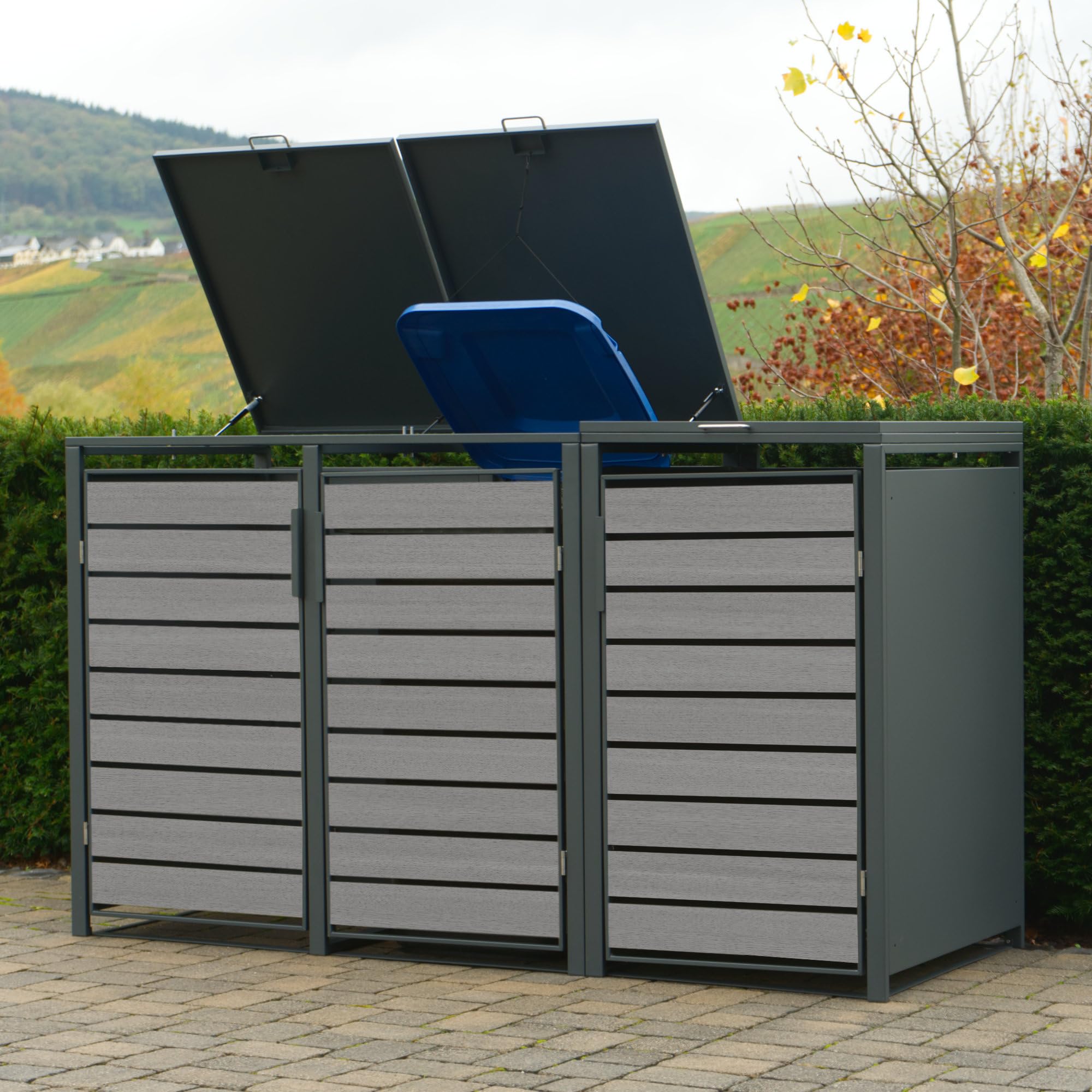 Zelsius Mülltonnenbox 3er für 3 Mülltonnen | 120-240 Liter | Anthrazit RAL 7016 | Tür in hellgrauer Holzoptik inkl. Erweiterungsmöglichkeit | Mülltonnenhäusschen, Mülleimerboxen