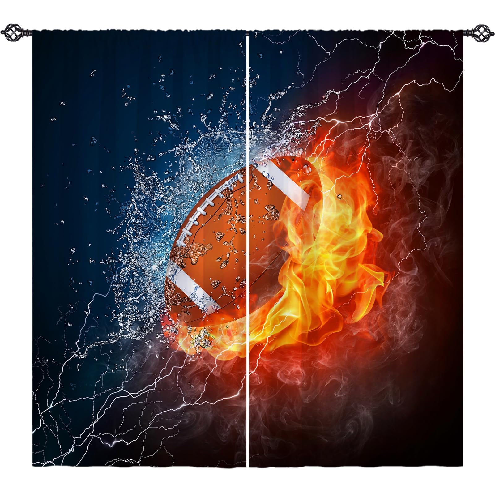 Kids Football Curtains W42 x L63 Inch Rod Pocket Sports Water Fire Rugby Flame Thunder Lightning Print Pattern Privacy Fabric Window Drapes for Boys Bedroom Nursery Baby Playroom 2 Panels