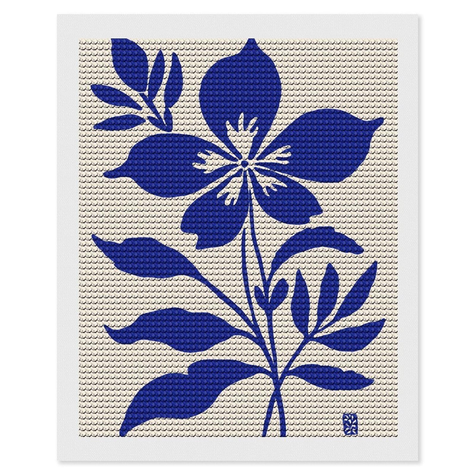Junmoney Blue Flower Illustration on Beige Background Round Drill Diamond Painting 16"x20", Satisfying Creative Project, Complete Accessories, Printed Canvas