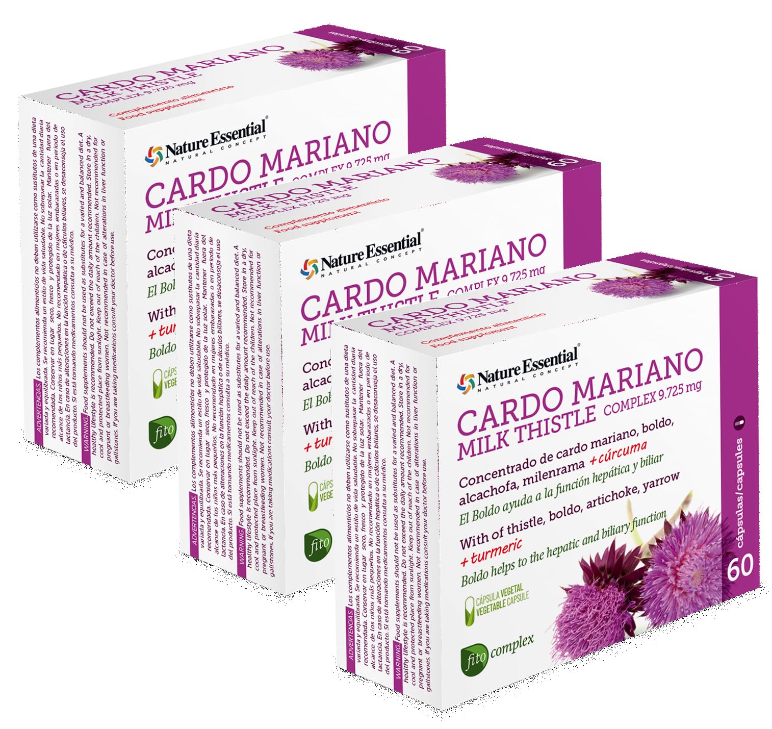Nature Essential | Cardo Mariano Complex 9.825 mg | 3 Unidades | 60 Cápsulas | Con Boldo y Alcachofa | Favorece la Detoxificación del Hígado | Facilita la Digestión y el Bienestar Digestivo