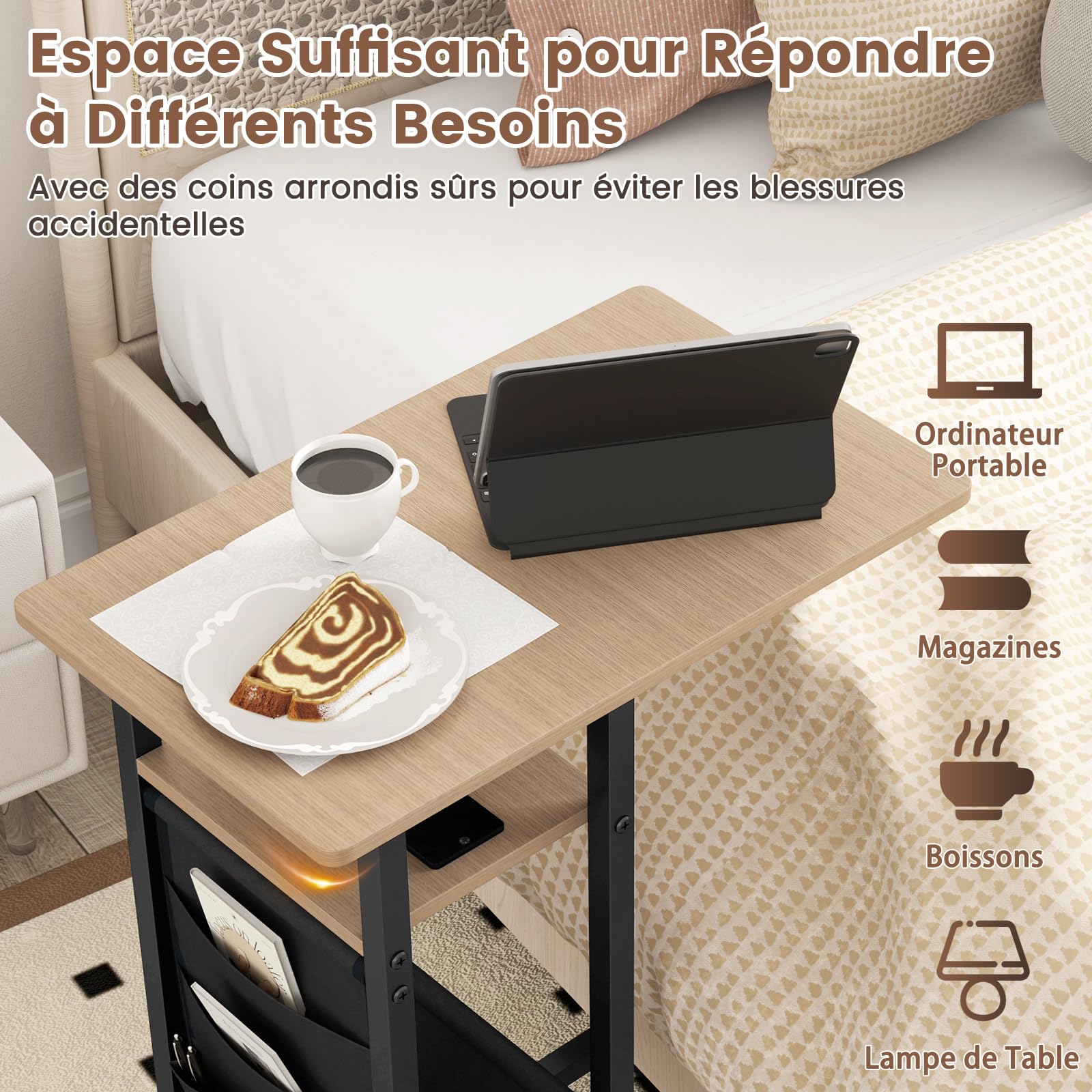 COSTWAY Table d'Appoint à roulettes avec Prise, Plateau Extensible, Bout de Canapé en Forme C, 2 Prises, 1 Port USB, Porte-Revues, 5 Pochettes, Table de Lit a Roulette pour Chambre (Naturel)