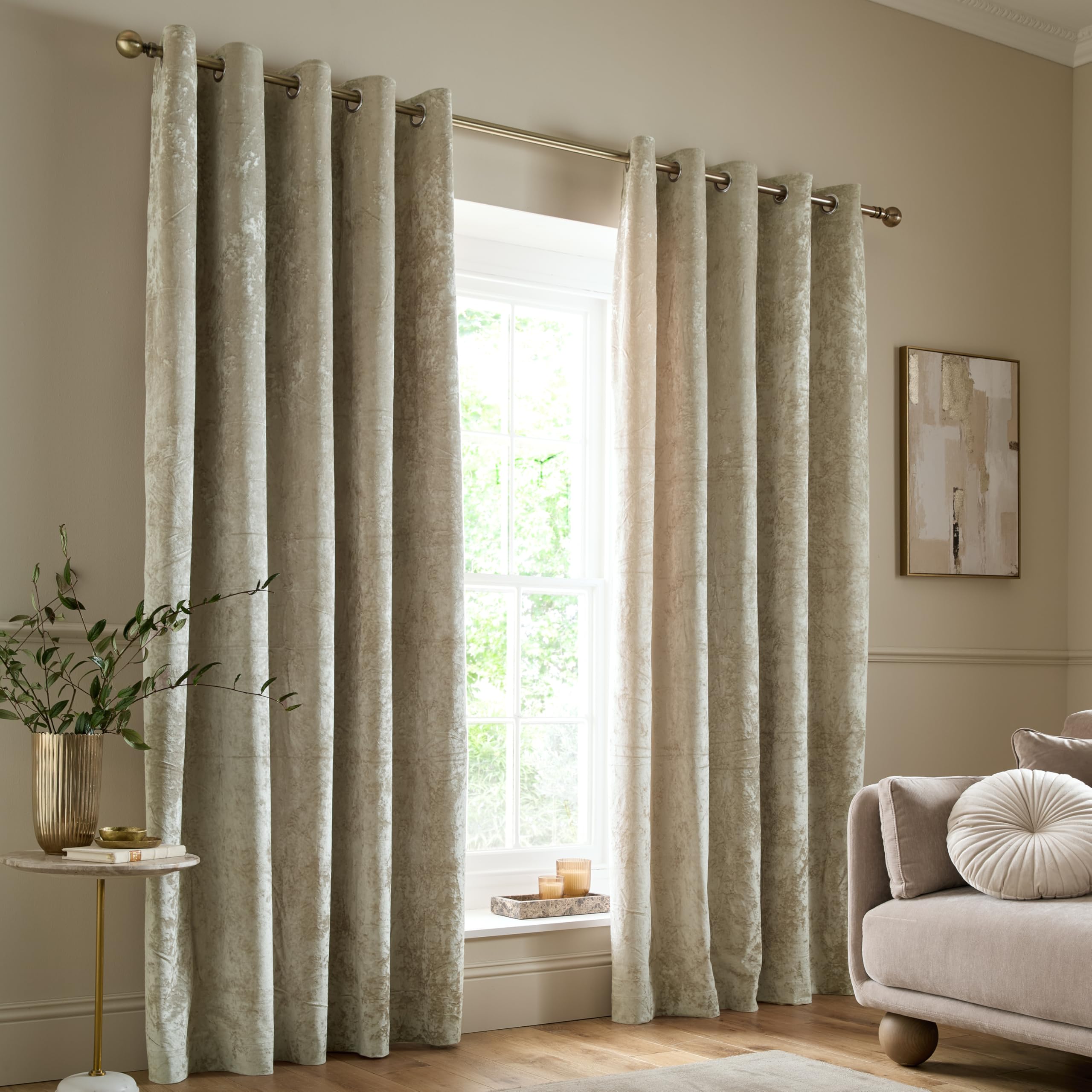 Catherine Lansfield Light Crushed Velvet Lined Eyelet Curtains - 66X54 Inch - Natural