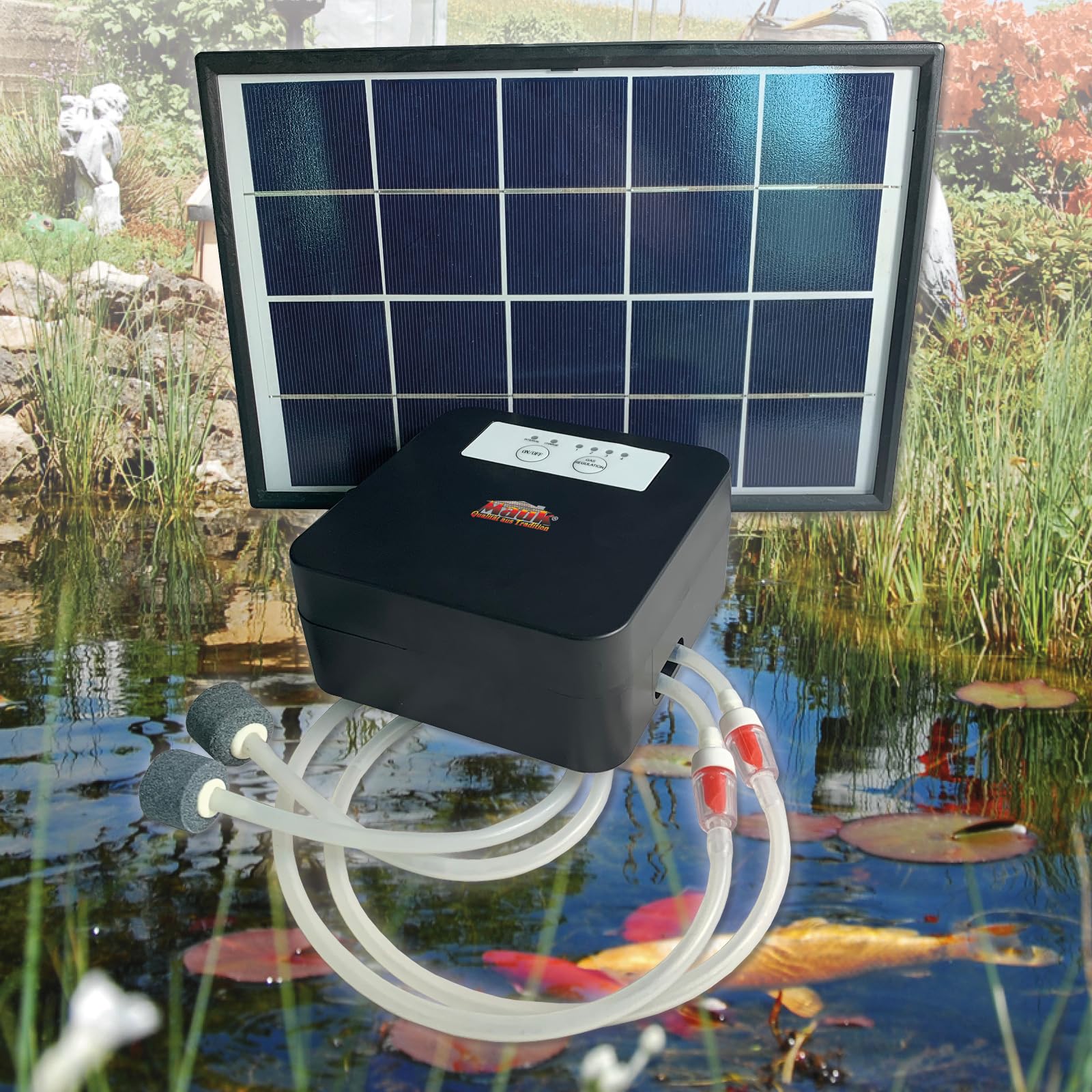 Mauk® Solar Doppel Teichbelüfter 6W mit Akku & Solarpanel | Teichbelüftung per Sauerstoffpumpe für Teiche inkl. 2 Schläuche & Sauerstoffsteine | Schutz vor Fischsterben & Sauerstoffmangel