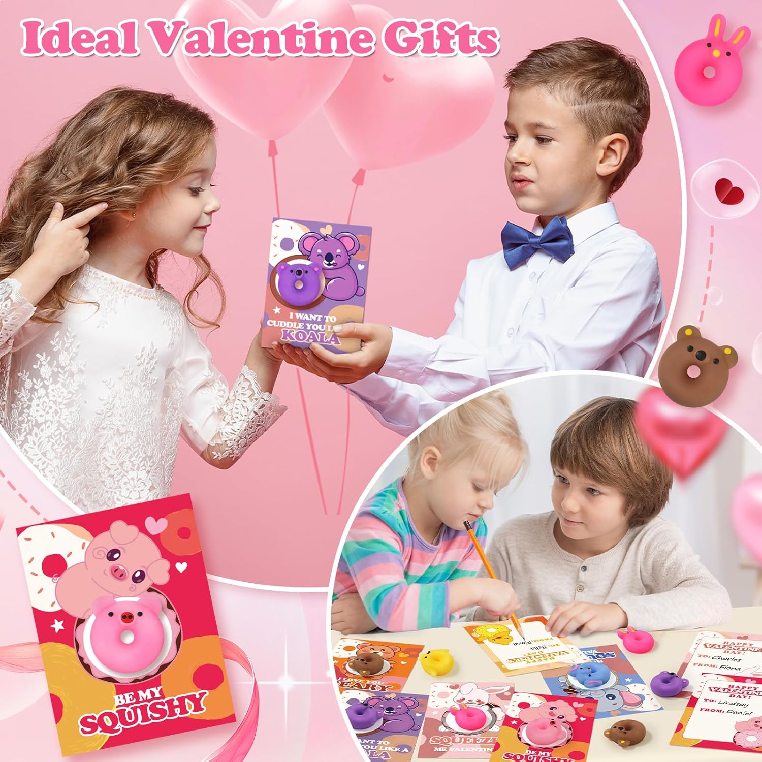 Valentines Party Favors, 30 Packs Valentines Day Cards for Kids School with Animal Donut Squishy Toys, Valentines Day Gifts for Kids, Kawaii Squeeze Toys for Boys Girls, Ideal Classroom Prizes