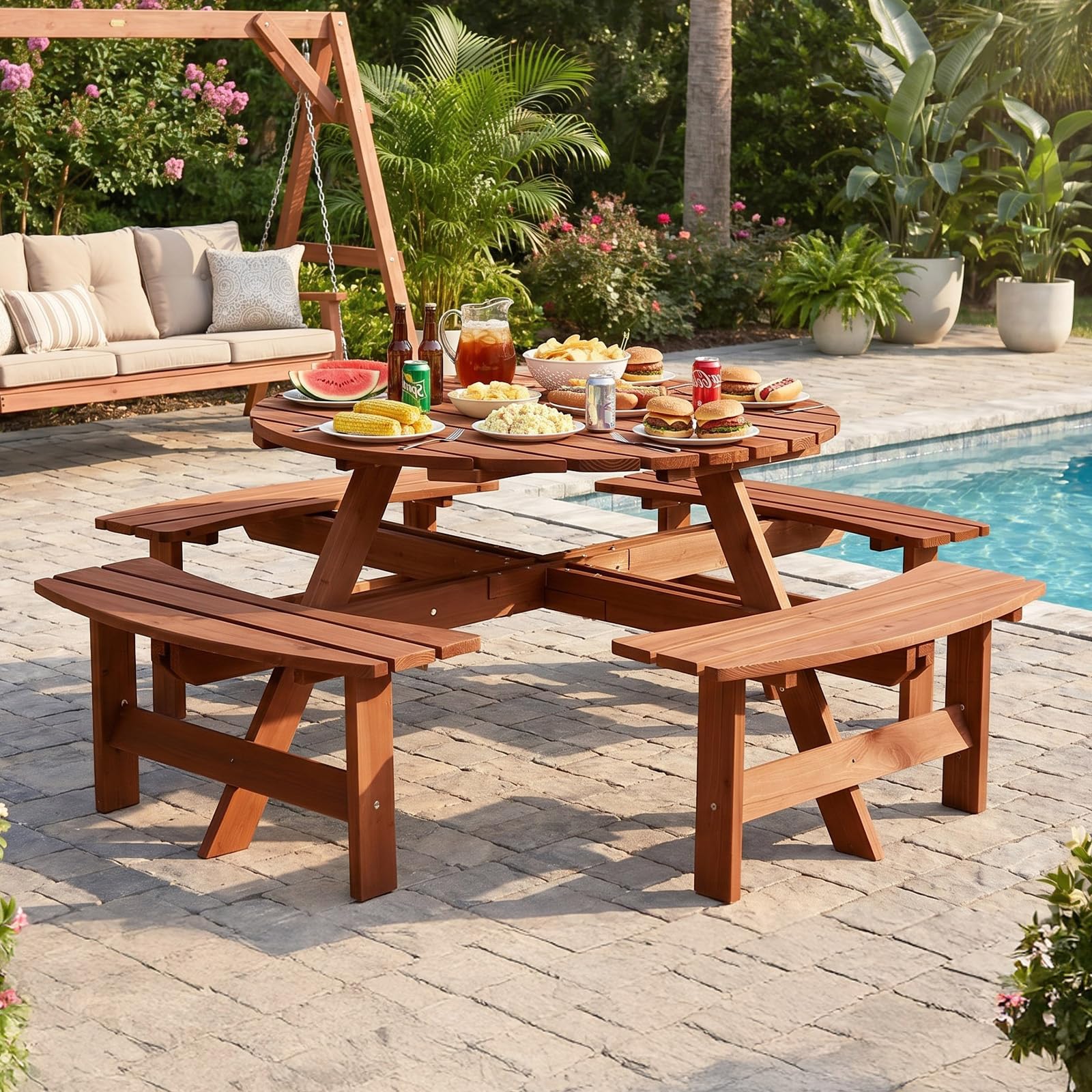 VINLGI Picknicktisch Set für 8 Personen,Biertischgarnitur Holz mit 4 Bänken & Schirmloch, Gartenmöbel Set Wetterfest,Esssets Terrasse, Hof, Garten&Veranda (Rund&Dunkelbraun)