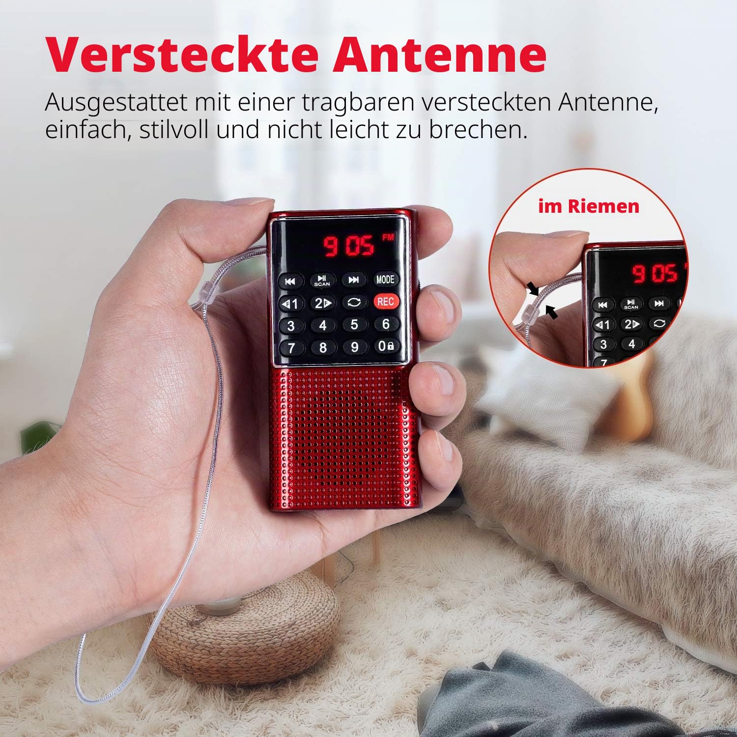 PRUNUS J-328 Taschenradio FM/UKW, Digital Radio Klein mit Rekorder, Kofferradio Mini Radio mit Akku Wiederaufladbarer, SD/TF/AUX MP3-Walkman Fm Radio, Tastensperre zum Joggen, Wandern, Reisen(Rot)