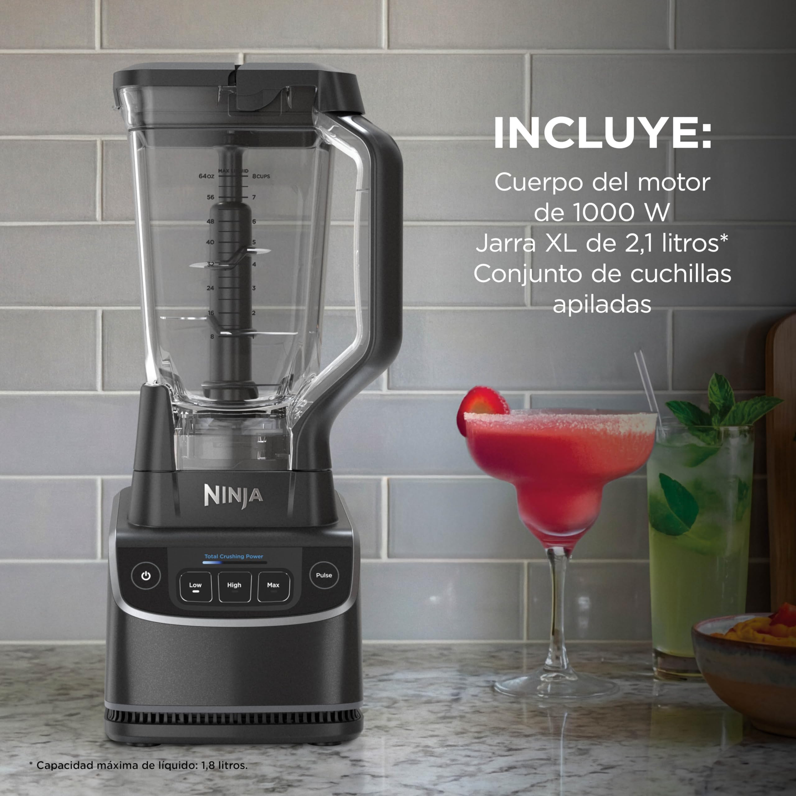Ninja Batidora de jarra, 3 ajustes de velocidad, modo manual Pulse (Pulso), jarra grande de 1,9 l de capacidad máxima para líquidos, prepara smoothies, salsas y mucho más, Negro BP201EU