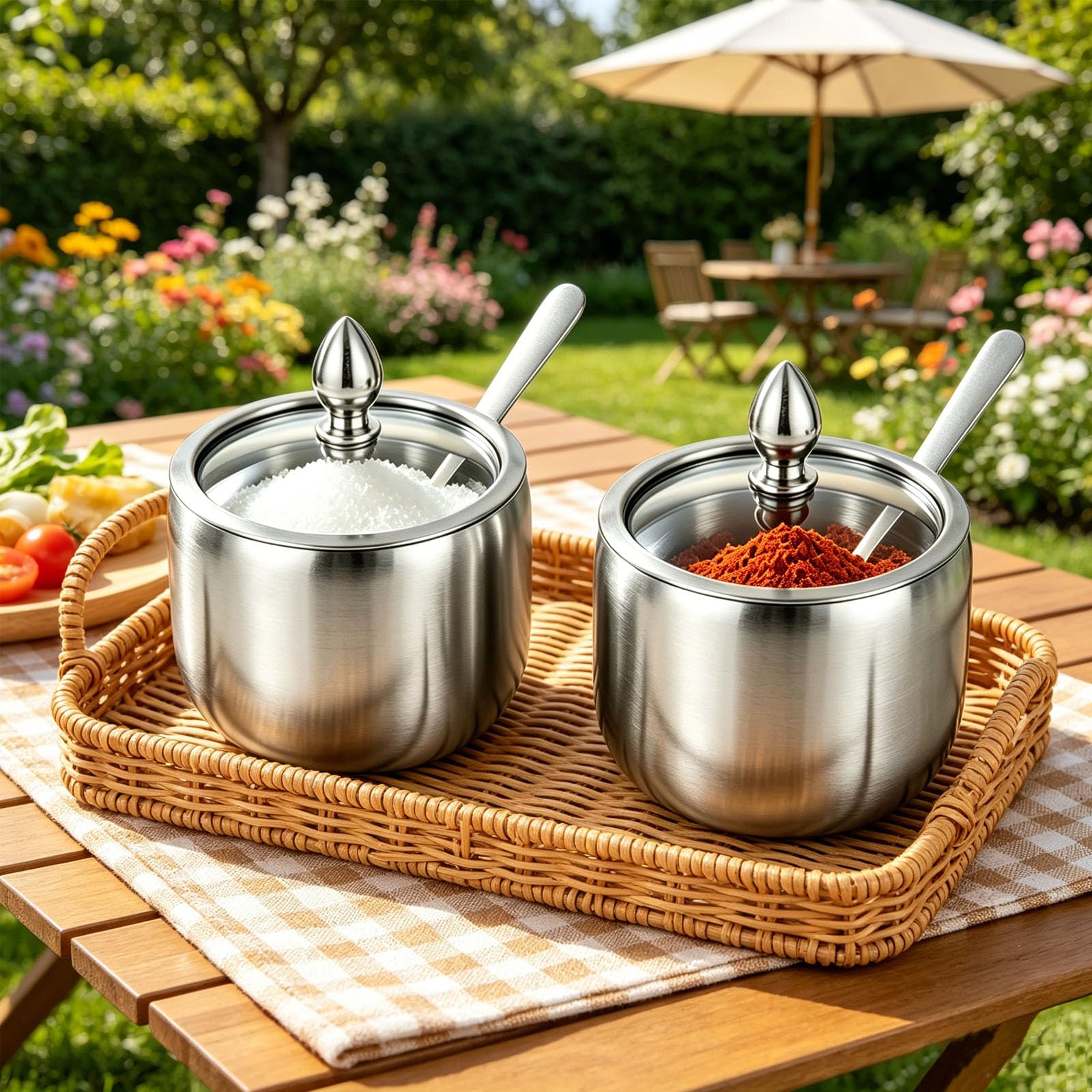 2 szt. Cukiernica ze stali nierdzewnej z pokrywką i łyżką, 430 ml cukiernica, akcesoria do kawy, akcesoria kuchenne, do przypraw, herbaty, pieprzu (srebrny)