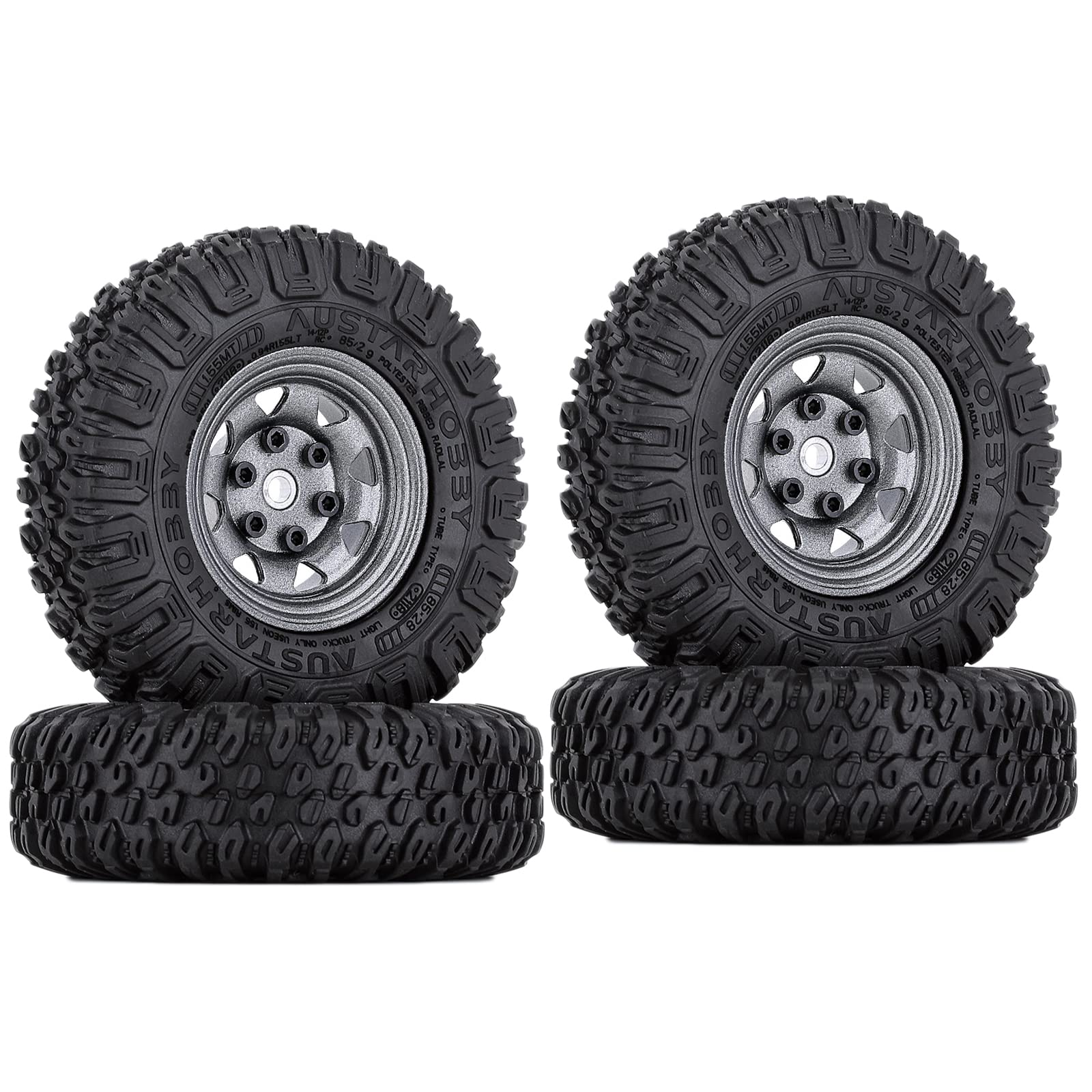 WONFAST 4PCS 1.55 inch 85mm Rubber Terrain Crawler Tires Metal Beadlock Wheel Rims Tires Set Compatible with 1/10 RC Crawler Car Axial AX90069 D90 TF2