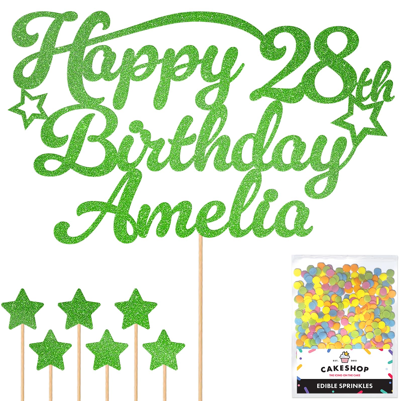 Personalised Happy Birthday Glitter Cake Topper with Stars - Green Any Name & Any Age Glitter Cake Decoration and Sprinkles - Happy Birthday Decorations - Personalised Toppers for Cakes by Cakeshop