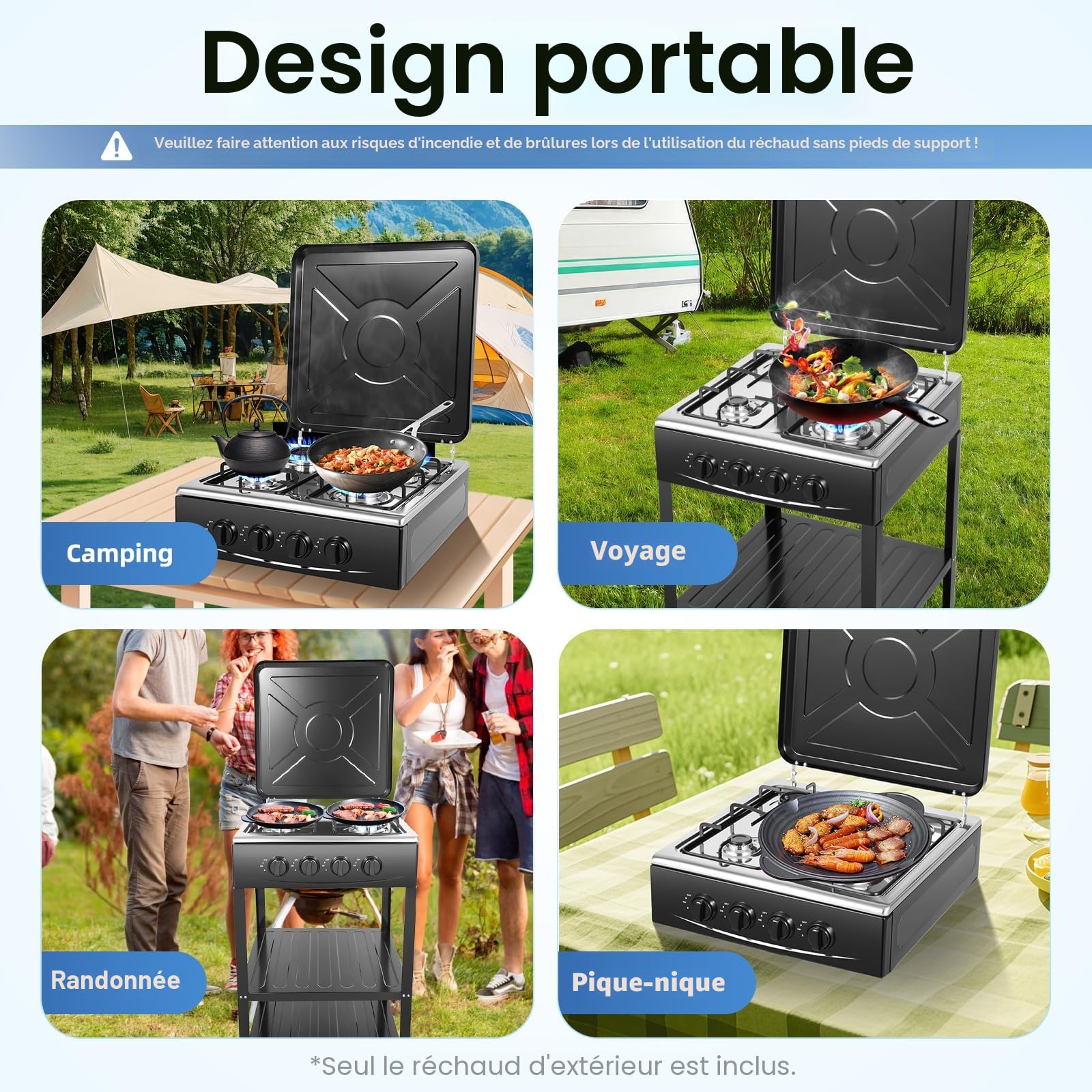 Réchaud à gaz d'extérieur à 4 brûleurs, réchaud à gaz portable avec double couche de mémoire et design coupe-vent, réchaud à gaz portable pour camping et extérieur (noir)