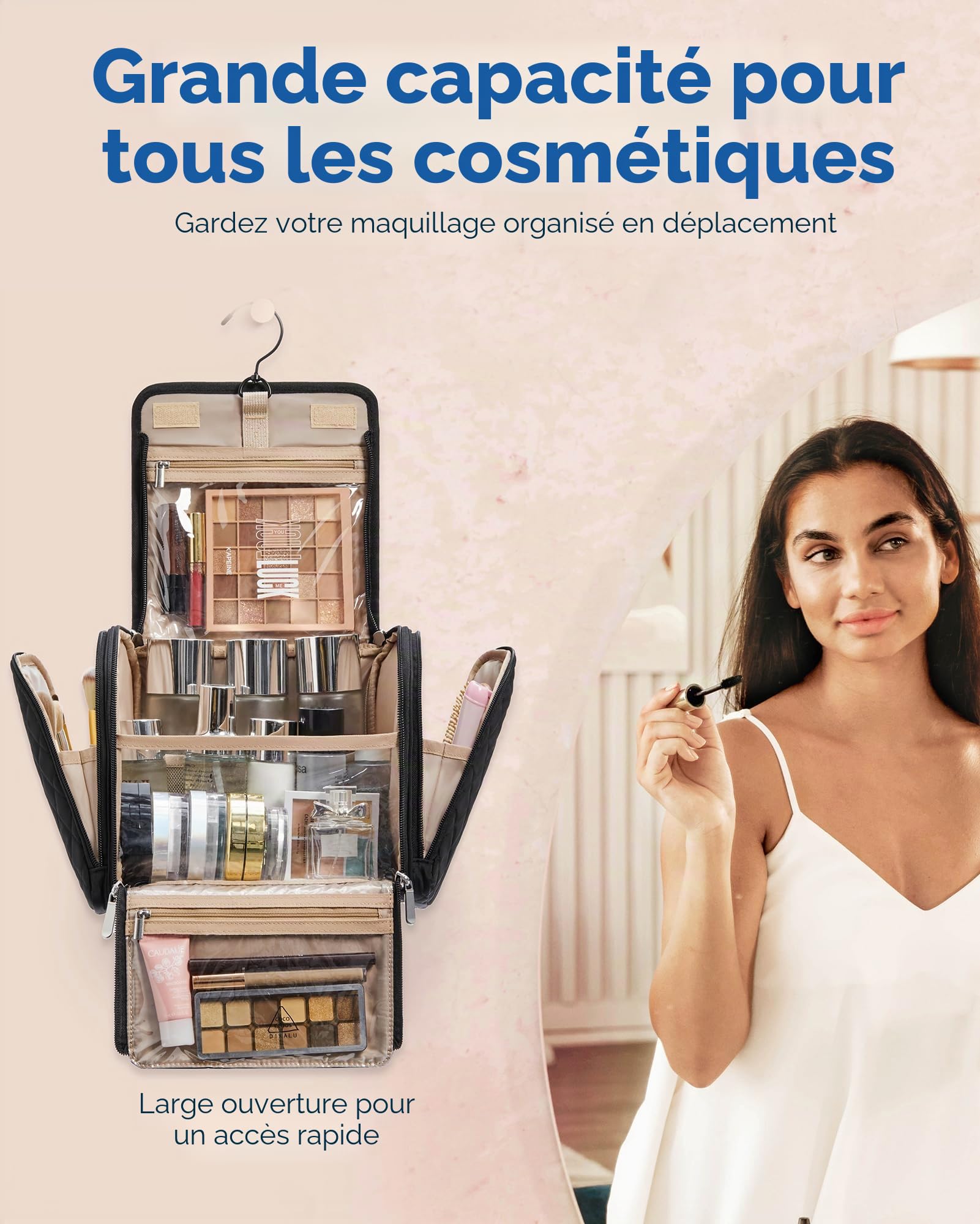 BAGSMART Trousse de Toilette Femme Voyage,Grande Capacité Trousse de Maquillage avec Crochets à Suspendre,Imperméable pour Articles de Toilette,Accessoires de Voyage, Noir