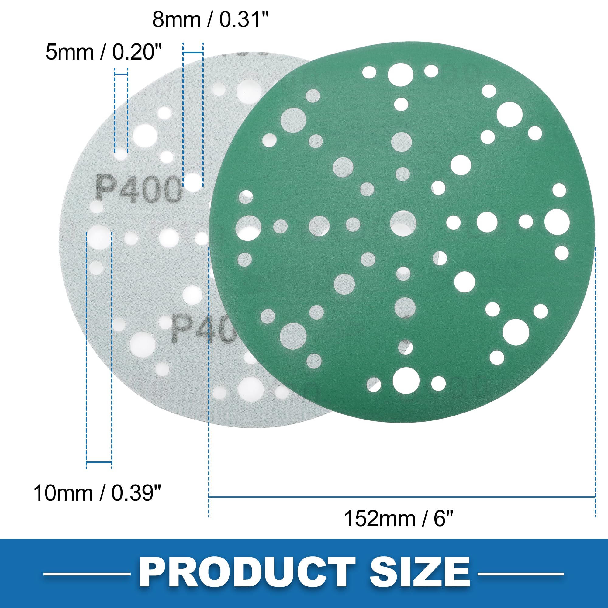 A ABSOPRO Sanding Discs 6 Inch 49 Hole 400 Grit Round Hook and Loop Sandpaper Aluminum Oxide Green 50pcs, 6" - Image 4