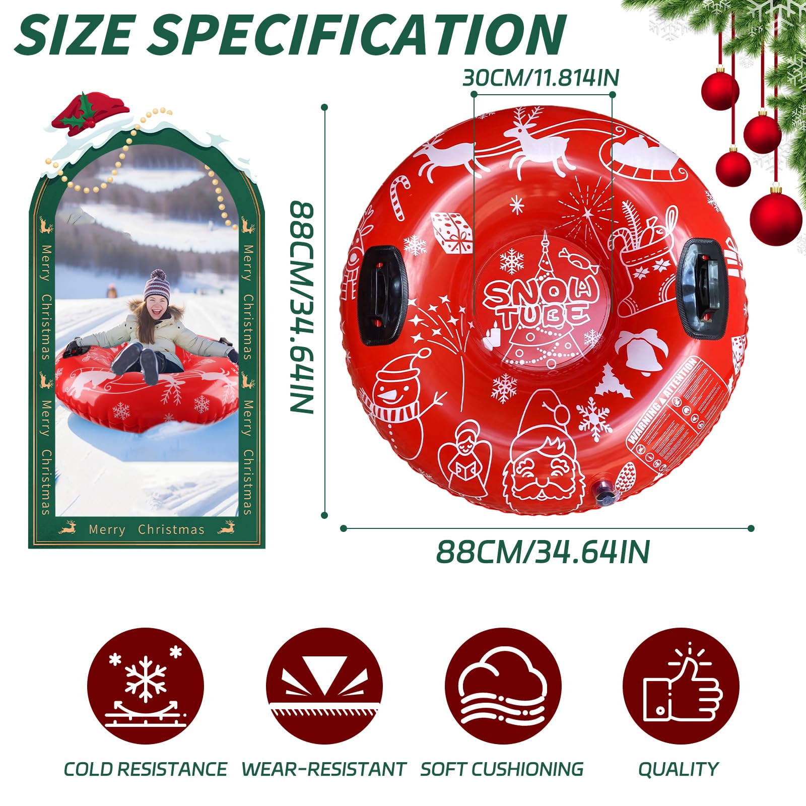 ZoneYan Tubo de Nieve Inflable, 88 cm Trineo Inflable de Nieve con Asas para Niños y Adultos, Trineo Nieve, Juguetes de Nieve para la Deportes de Invierno Al Aire Libre, Esquí, Patinaje