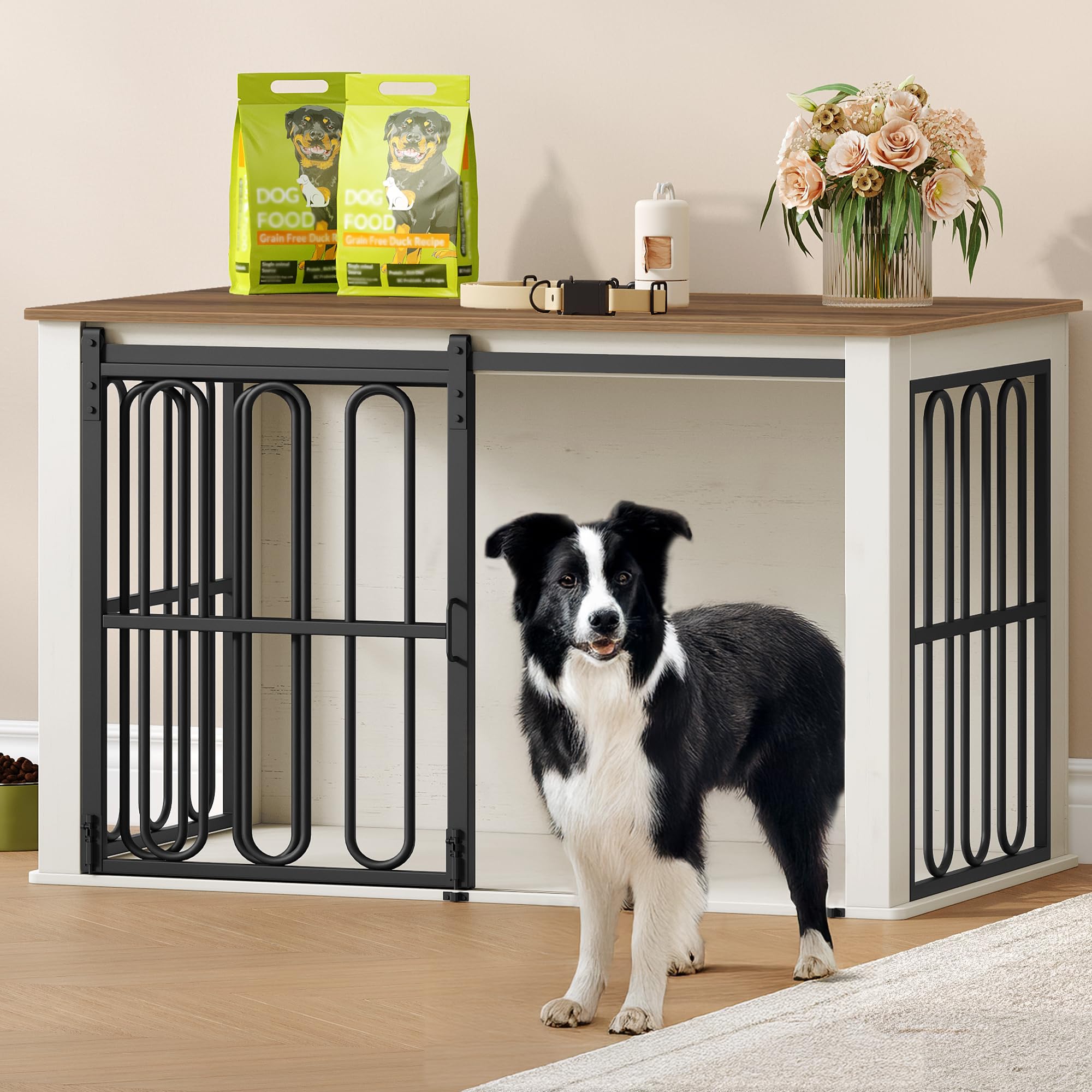 HEXCELEN Gabbia per Cani, 100 cm Cane Kennel Resistente, 2 Porte, Mobili per Cani Come Tavolino, 100 x 60 x 62,4 cm, Bianco Marrone, per Animali Domestici di Piccola/Media Taglia, Moderna