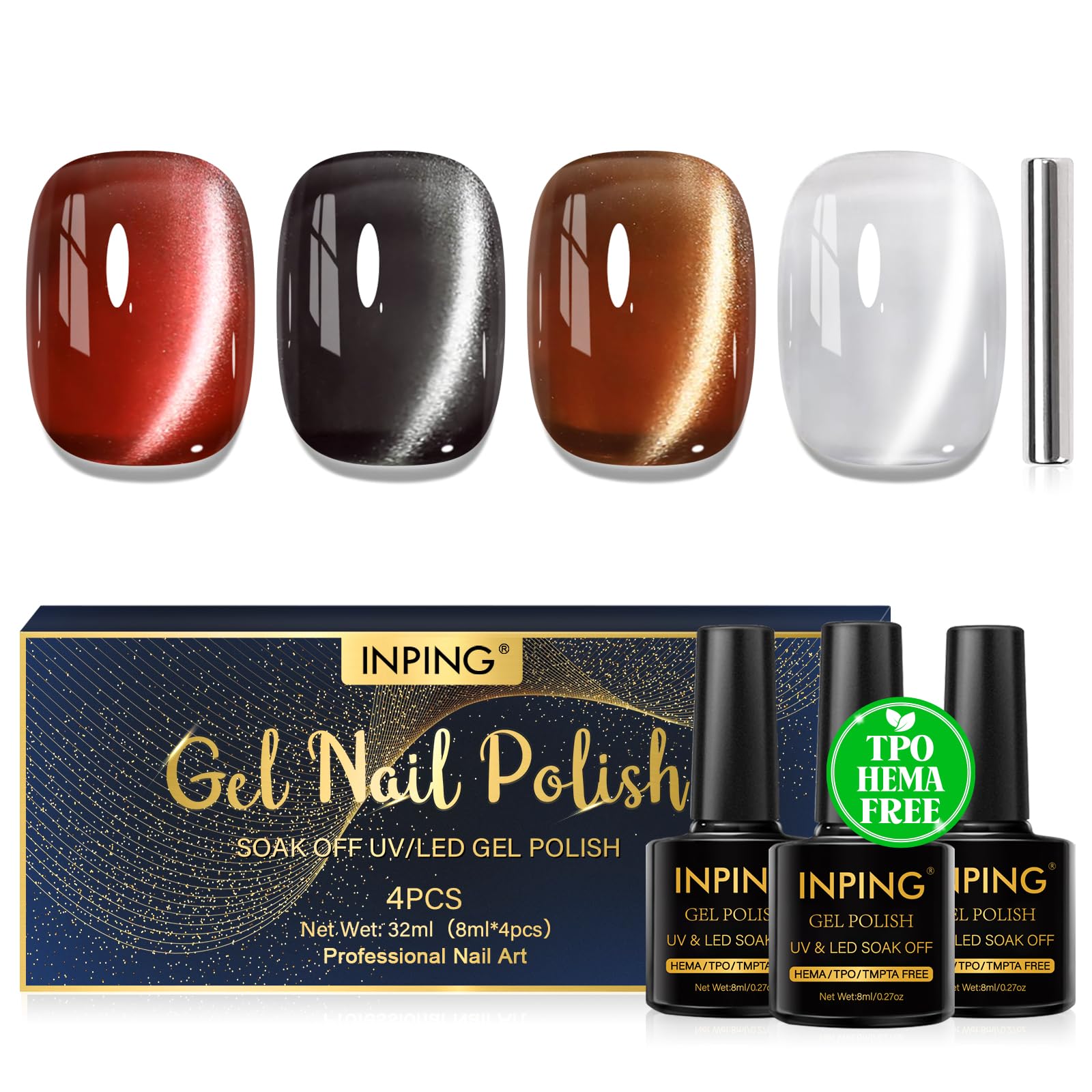 INPING UV Nagellack CatEye Magnet, HEMA-FREE TPO-FREE, 4 Farben Rot Schwarz Braun Weiß Mondlicht Jelly Kristalle Cat Eye UV Gel mit Magnet Soak Off Nail Polish für Frauen Nail Salon DIY, 8 ML