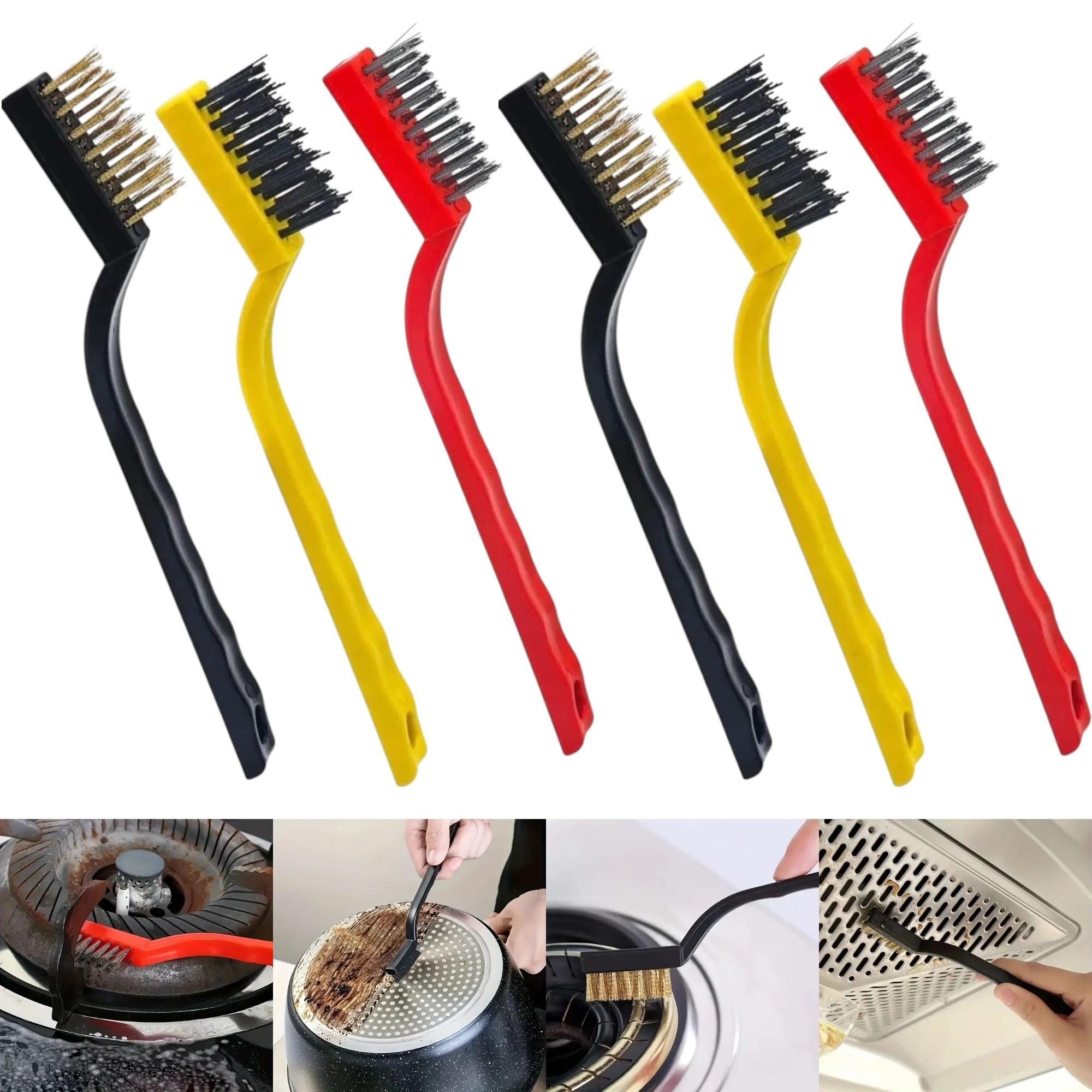 AEE® 6'lı Mini Tel Fırça Seti Aspiratör Musluk Duşakabin Lavabo Fırın Ocak Mutfak Derz Banyo Tuvalet Pas Yağ Temizlik Bulaşık Fırçası 3 Çeşit Pirinç-Çelik-Naylon
