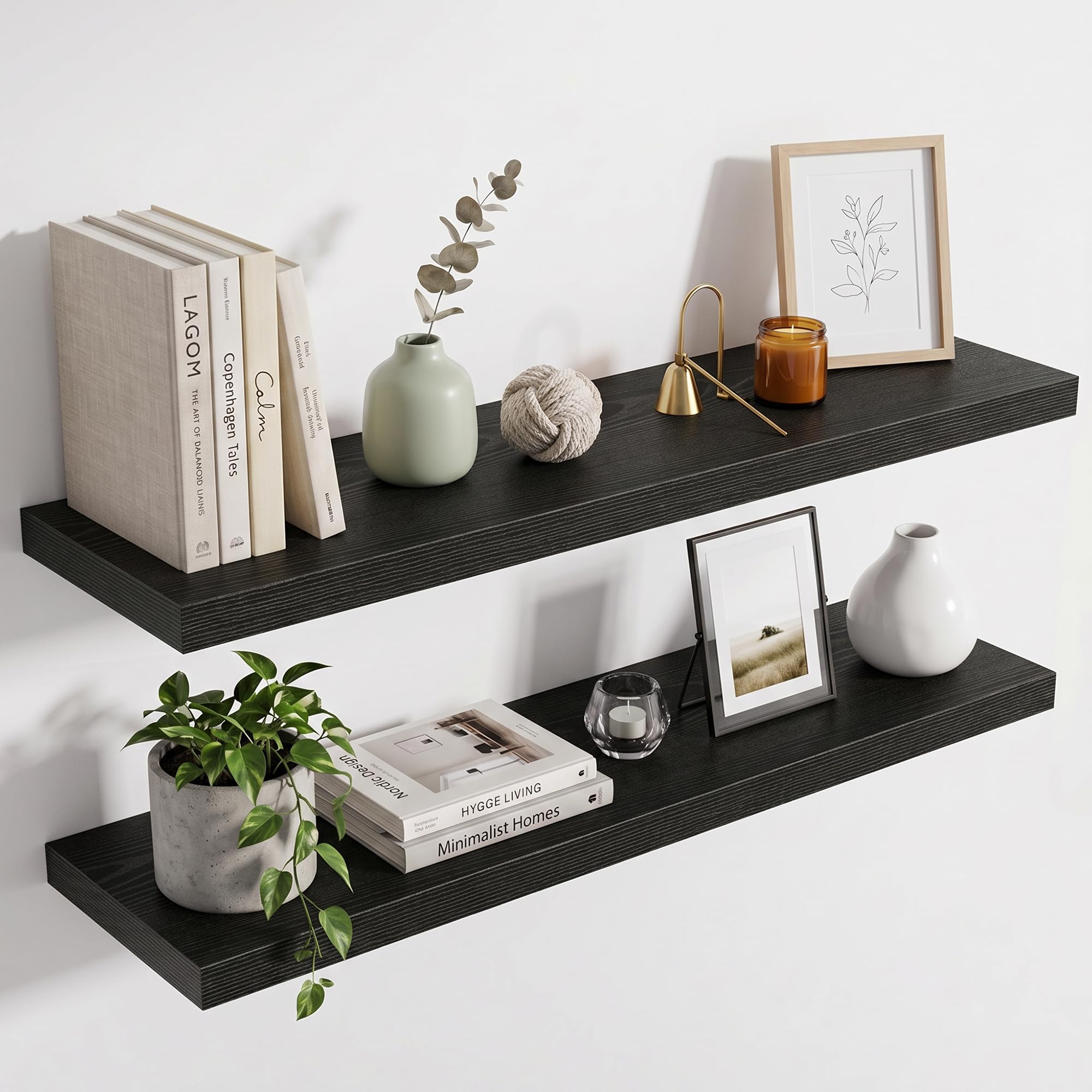Acovy 25cm Extra Deep Floating Shelves, 100cm Long Wooden Wall Mounted Shelf, Wall Shelves for Living Room Bathroom Bedroom Kitchen, Black, Set of 2