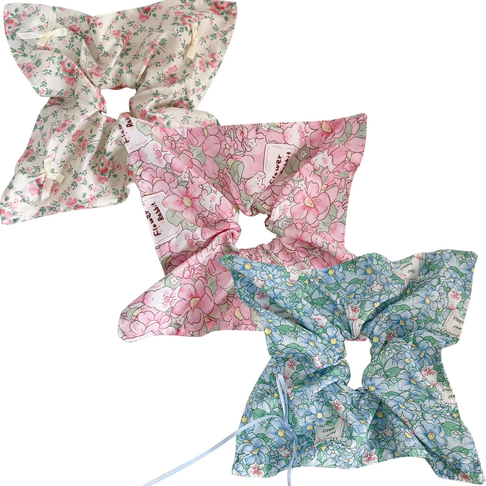 Jseng Square Hair Scrunchies - Romantic Pastoral Floral - Elastic Hair Ties Bands Hair Scrunchy Ponytail Holder for Women - 3PCs Sweet Soft Beige,