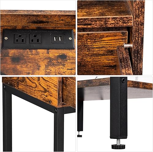 Miniatura 7 de Lerliuo Juego de 2 mesitas de noche con estación de carga y puertos USB, mesa auxiliar de 3 niveles con cajón de almacenamiento y estante, moderna