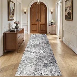 3X10 Washable Runner Rug for Hallway: Soft Neutral Modern Abstract Area Rug - Non-Slip Low Pile Long Throw Indoor Carpet for Kitchen Entryway Kitchen Bedroom Laundry - Grey