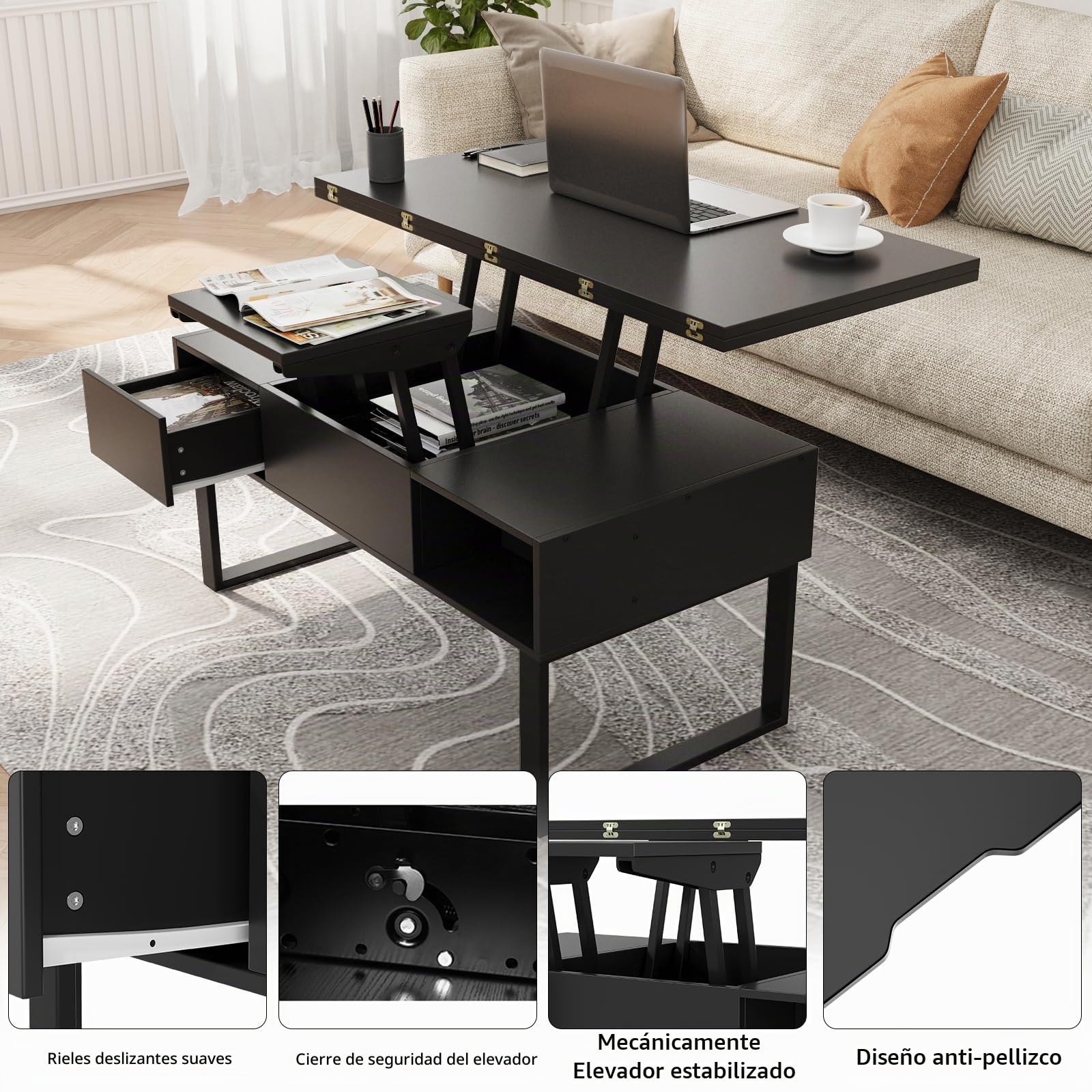 VOWNER Mesa de Centro de Altura Ajustable, Mesa de Salón Multifuncional 3 en 1 con 2 Cajones y Almacenamiento Oculto, se Puede Utilizar como Mesa de Comedor (Negro)