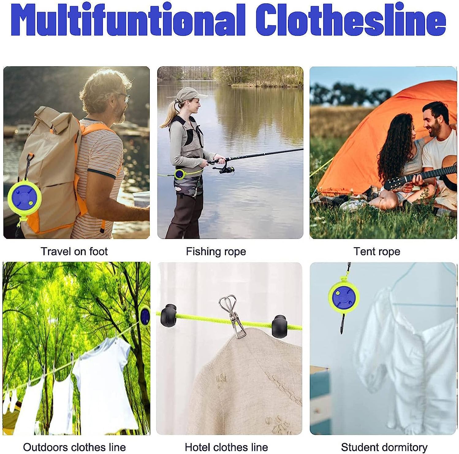 RYAN 2Pz Stendibiancheria Estensibile 10m Stendino Campeggio Portatile Anti Avvolgimento Stendibiancheria Da Esterno Per Bagno Stendibiancheria Con Fibbie Fisse E Mollette Antivento - copertina