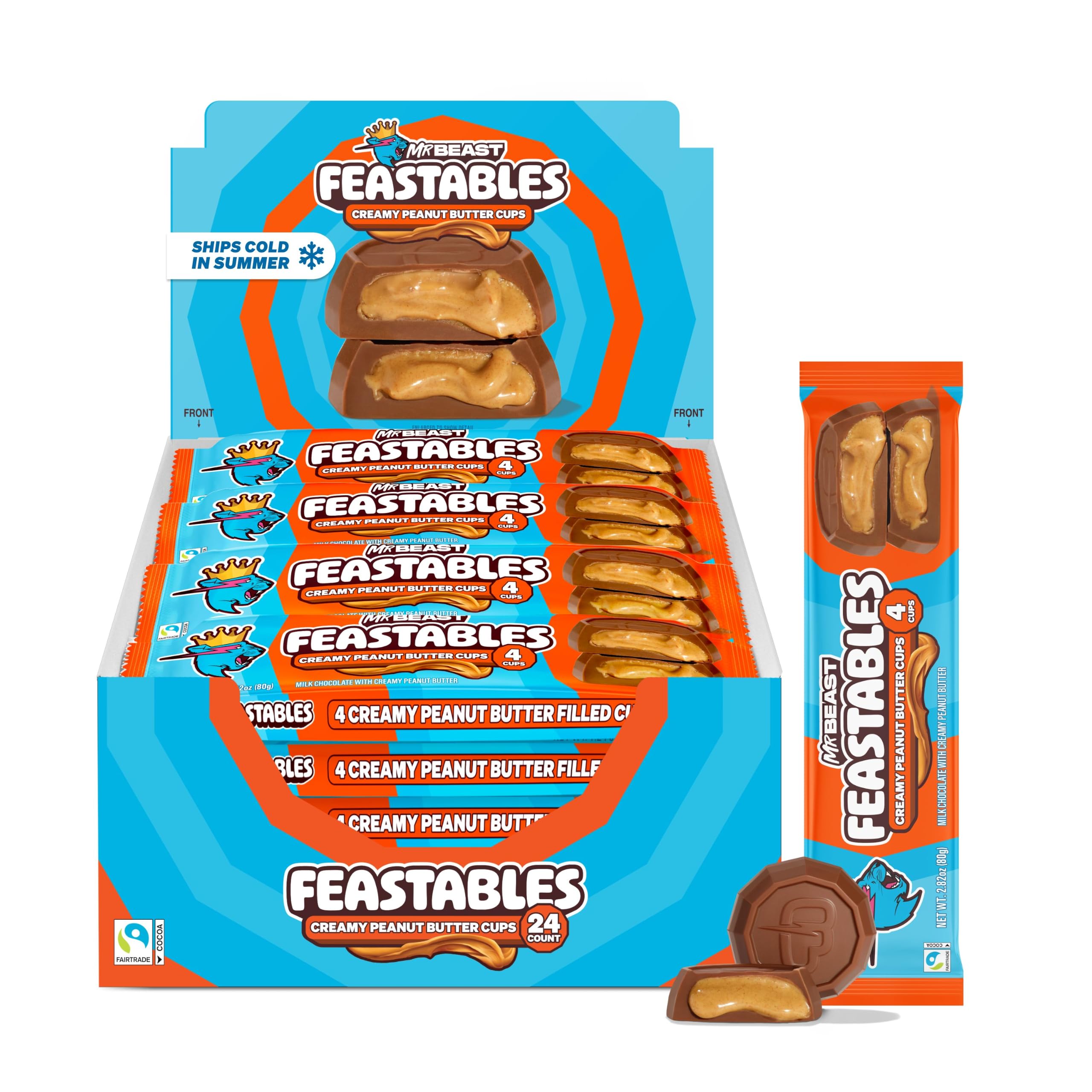 MrBeast Feastables Peanut Butter Cups Milk Chocolate, 24 Count, 2-Cup Packs | Fairtrade cocoa candy, ships cold, clean ingredients, no additives, sharable, party snacks, desserts, gifts, Halloween Creamy Peanut Butter Cups 24 Count (Pack of 2)