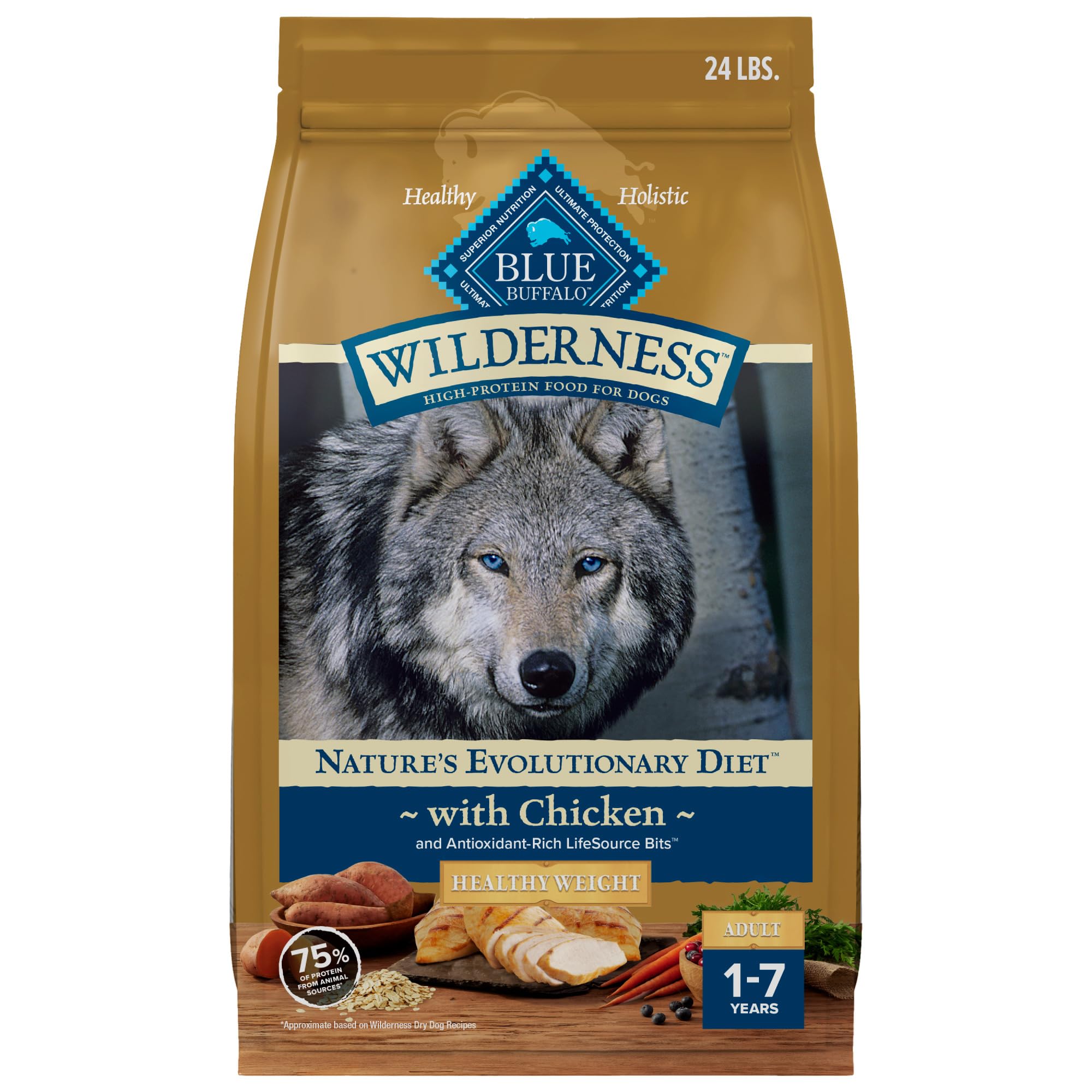 Blue BuffaloWilderness Adult Weight Control Dry Dog Food With Real Chicken Plus Wholesome Grains, High-Protein Recipe, Made in the USA with Natural Ingredients, Chicken 24-lb. Bag