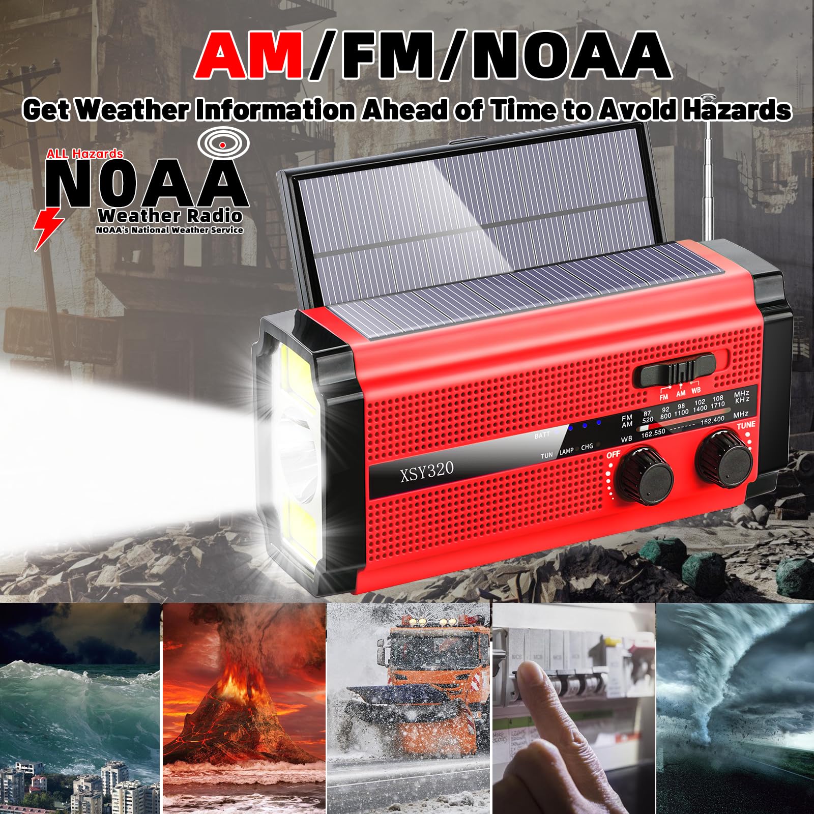 Radio meteorológica de emergencia con 2 paneles solares, radio de manivela portátil, radio AM/FM/NOAA, 3 modos de carga, sirena SOS, 3 modos, linterna, cargador de teléfono celular, luz de lectura